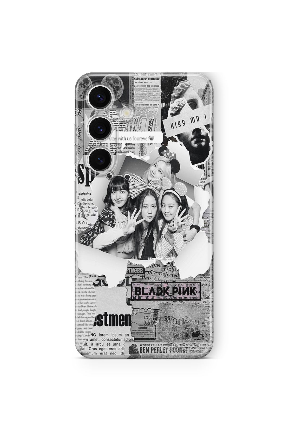 Space Star Samsung Galaxy S23 Fe Uyumlu Black Pink Kolaj Tasarım Baskılı Şeffaf Kılıf