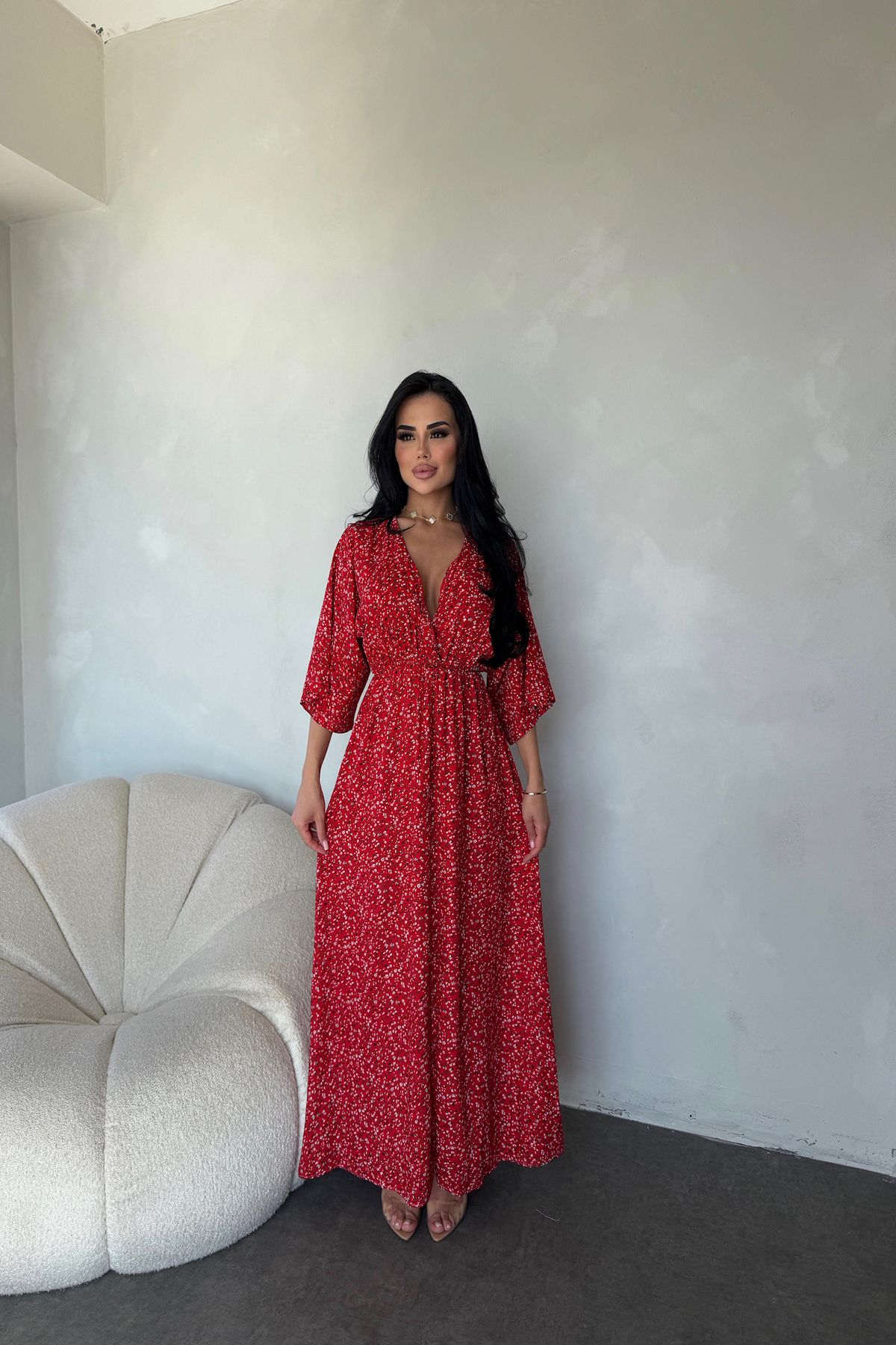kamacibutik Kruvaze Yaka Viskon Kumaş Çiçek Desenli Elbise
