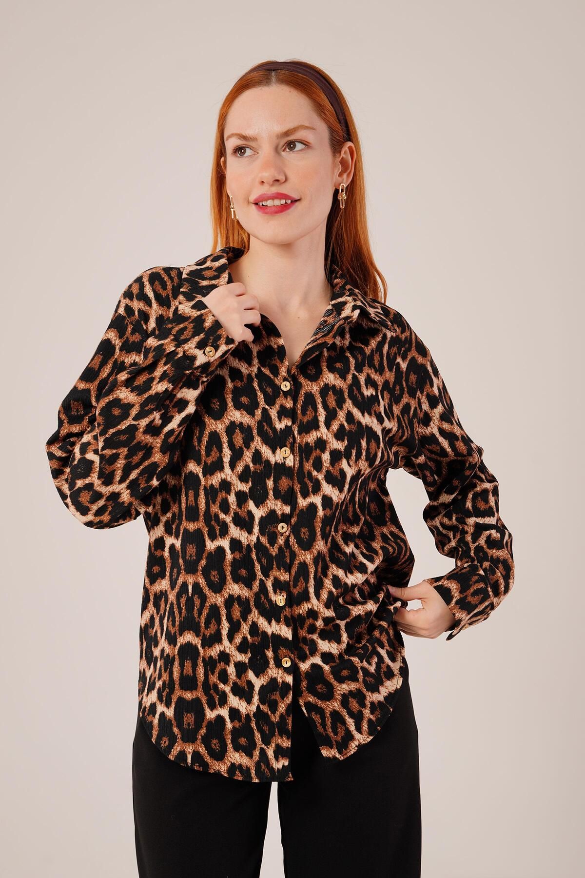 ARUZ MODA Leopar Desen Rahat Kalıp Gömlek