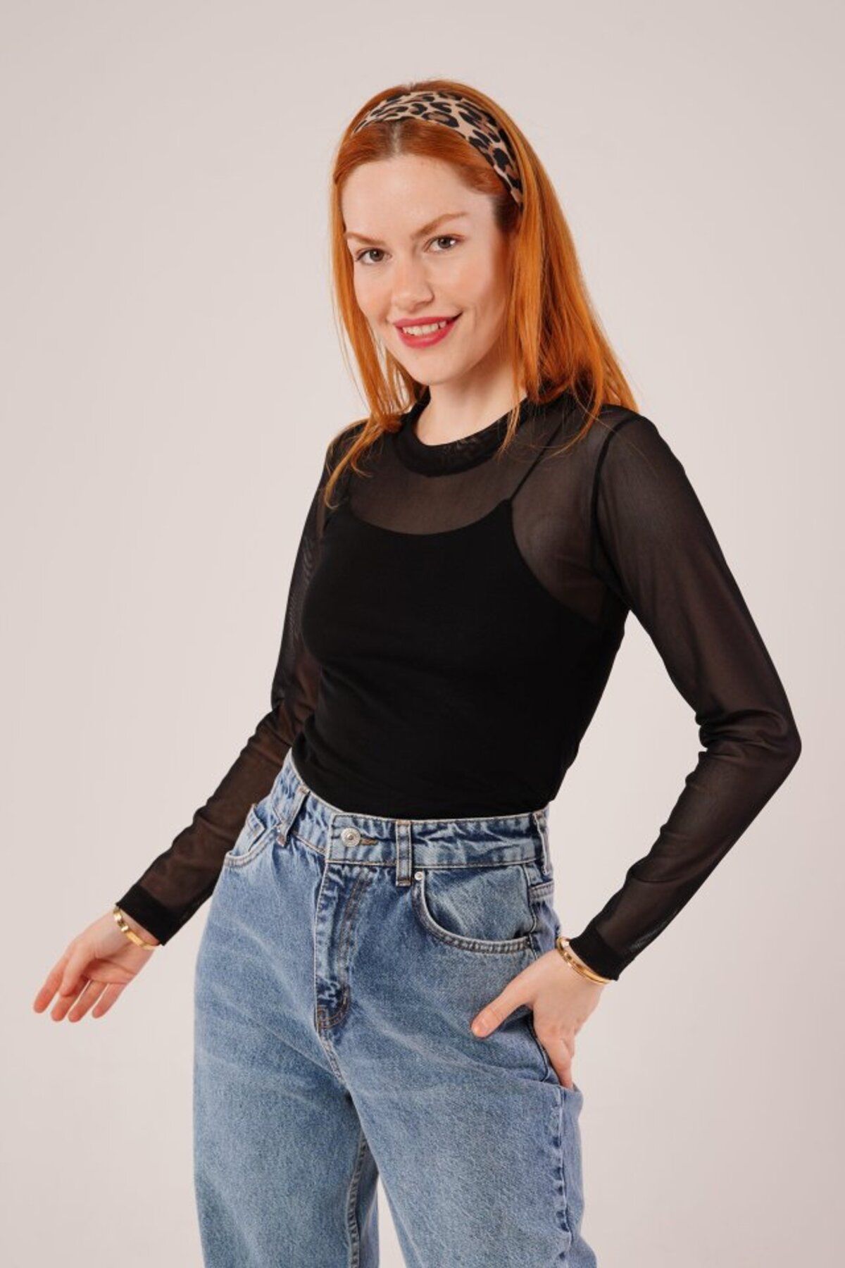 ARUZ MODA Transparan Siyah Tül Basic Bluz