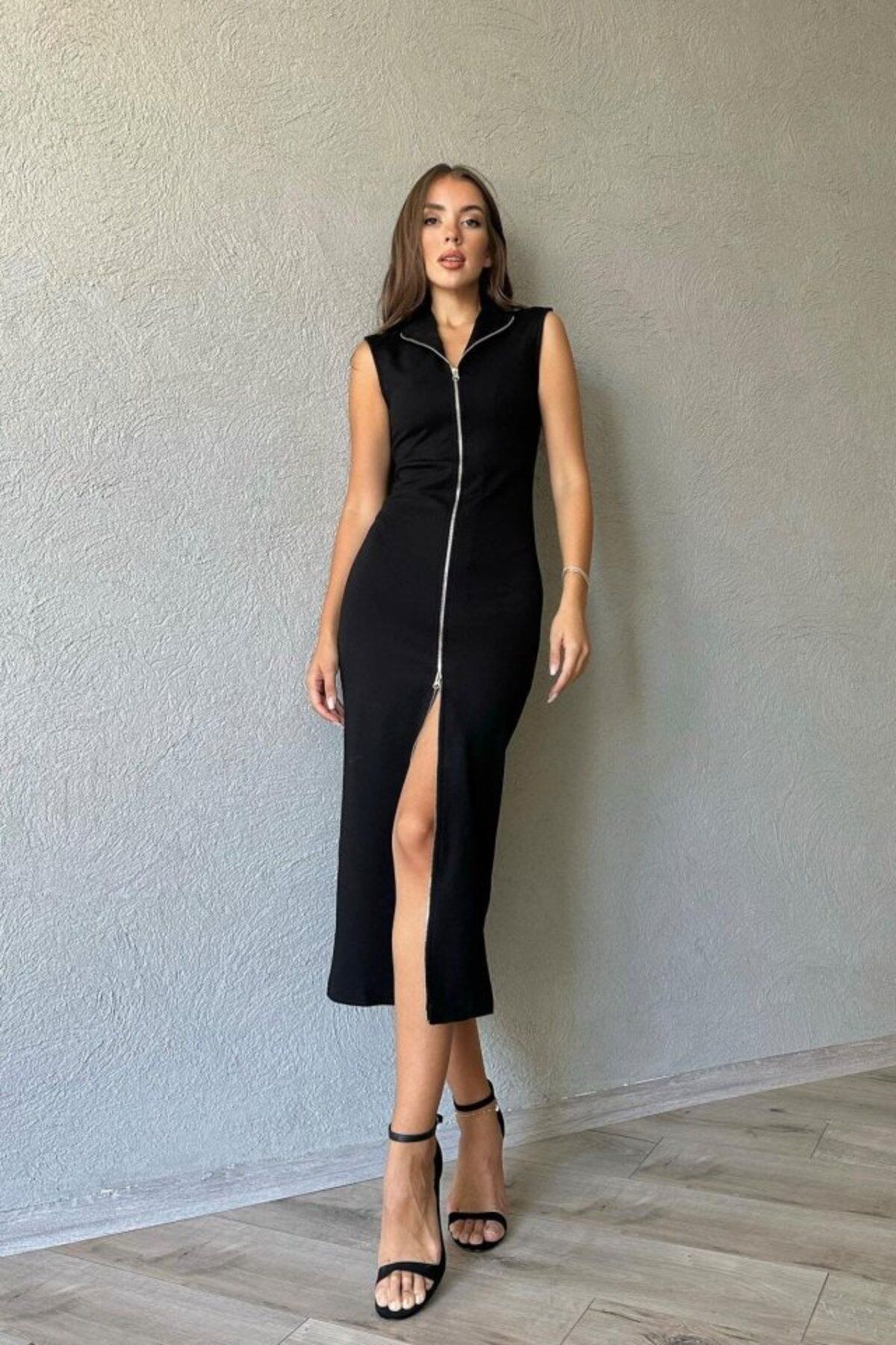 ARUZ MODA Siyah Boydan Fermuarlı Sıfır Kol Elbise
