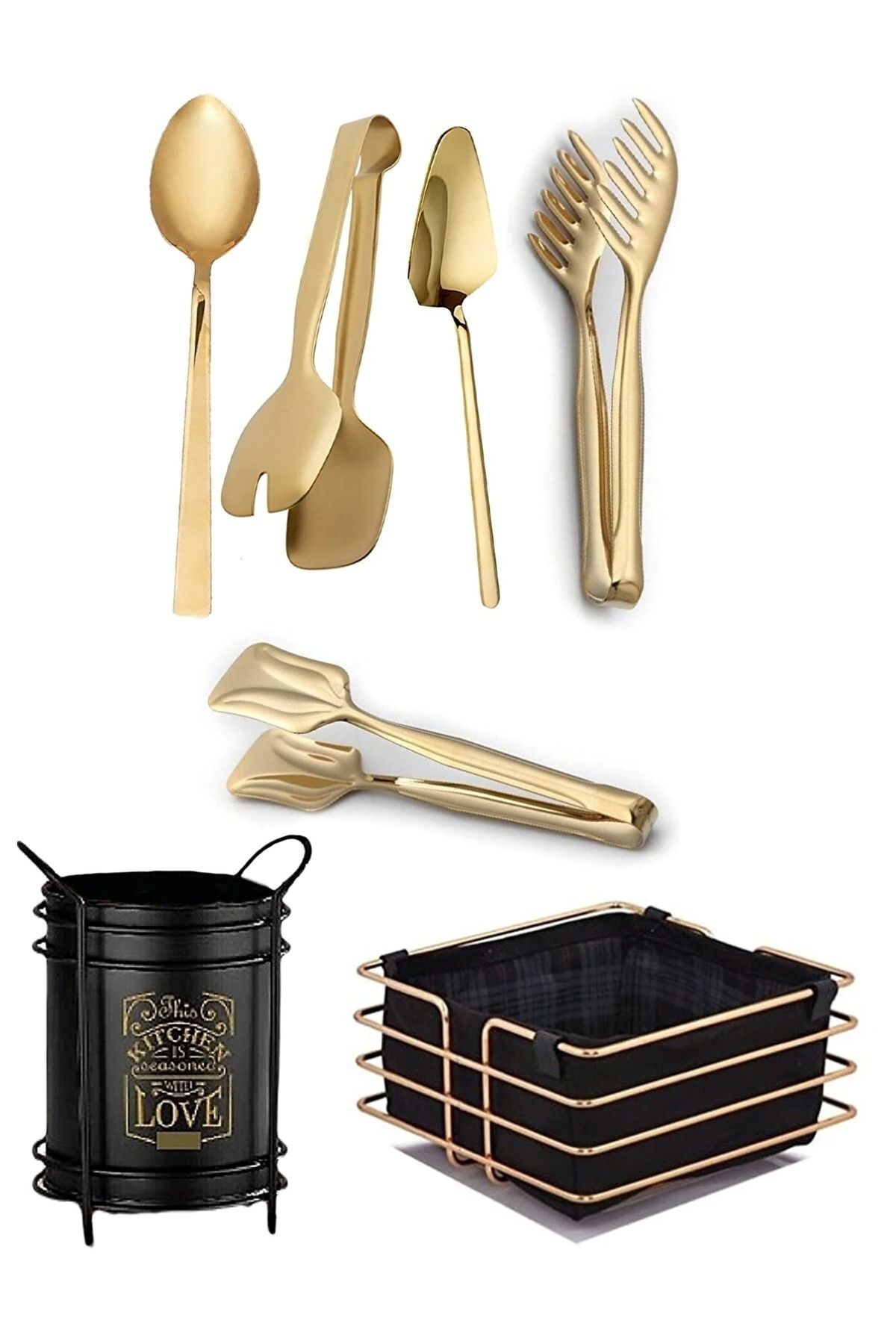 Parland 7'li Lüx Gold Servis Maşa Pasta Spatula Kaşıklık Gold Ekmeklik Set