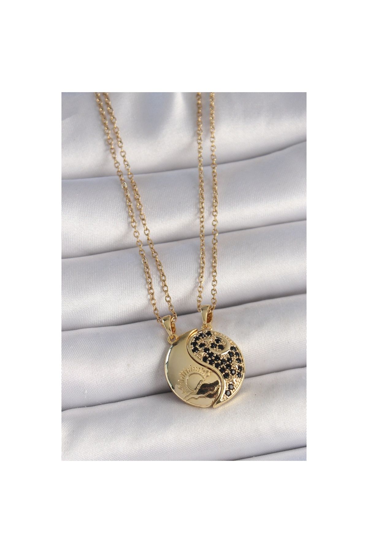 Findit 316L Çelik Gold Renk Zincir Zirkon Taşlı Ying Yang Model Gün Batımı İşlemeli Arkadaşlık Kadın Kolye