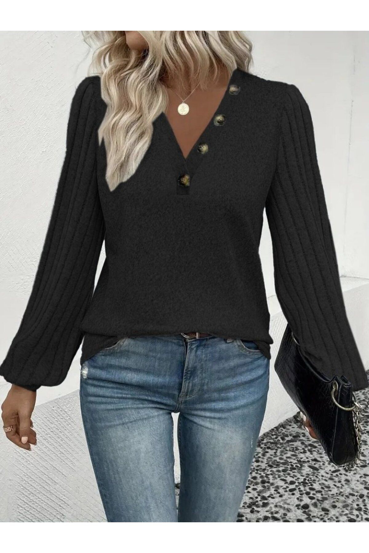 ARUZ MODA Kadın Uzun Kollu Kolları Fitilli Yakası Düğme Detay şardonlu Bluz