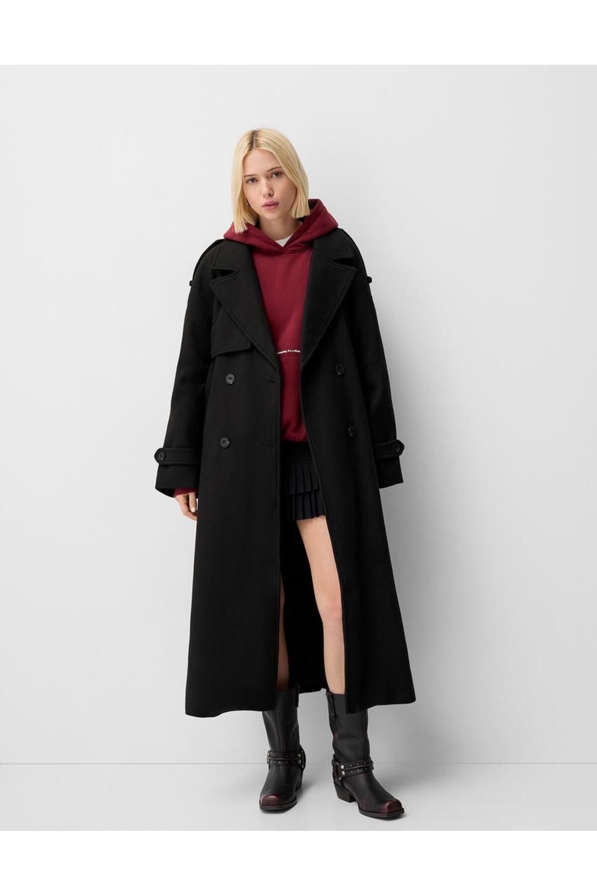 Butik Allbucks Bershka, Siyah Oversize Yün Içerikli Kaşe Trençkot Kaban Abbrs1009