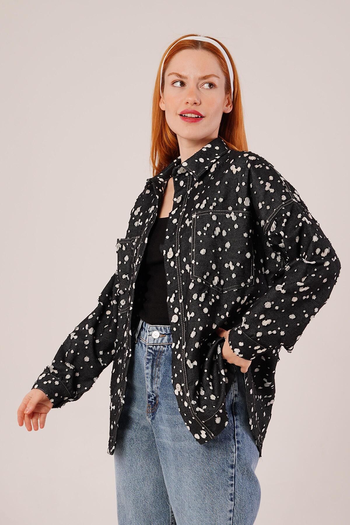 ARUZ MODA Eskitme Görünümlü Denim Siyah Gömlek