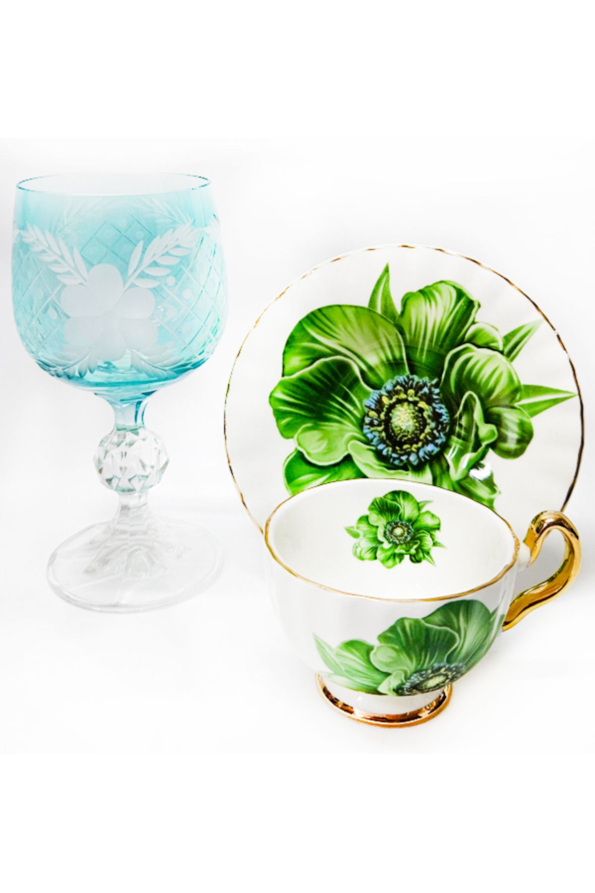 Bigatti TEK KİŞİLİK GREEN FLOWER KAHVE FİNCAN VE KAHVE SU BARDAĞI
