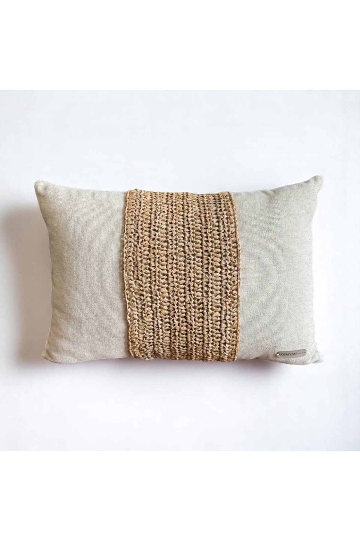 Doryan Home Romance - Doğal Keten Rafya Dokunuşlu Dikdörtgen Kırlent Kılıfı - 50x35cm Sütlü Kahve Tarçın Krem
