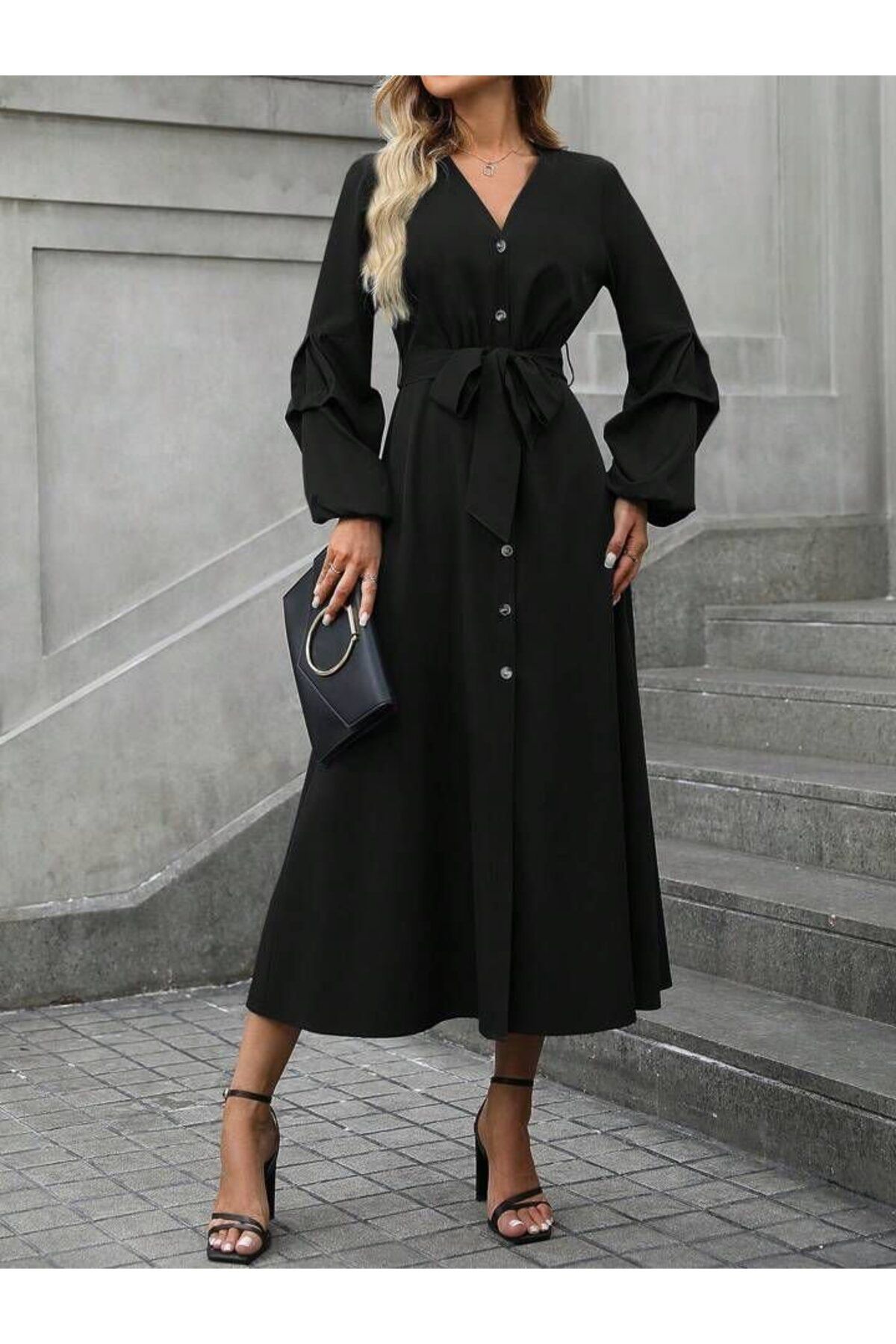 ARUZ MODA Kadın Uzun Kollu Derin V Yakalı Belden Kuşaklı önden Düğmeli Janjan Krep Elbise