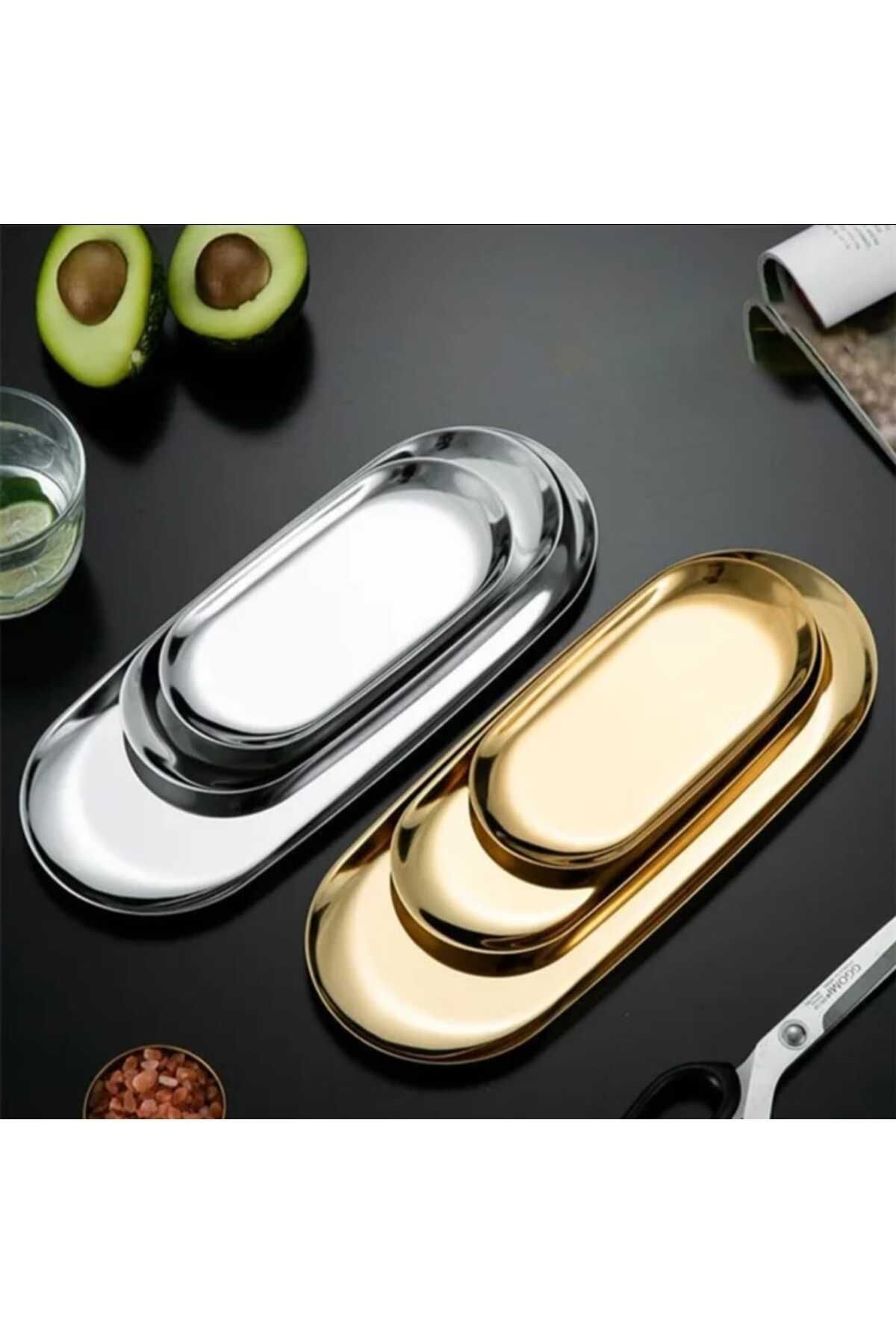 Farklıevim 1 Gümüş 1 Gold Büyük (30 cm x 12 cm) Kayık Oval Paslanmaz Çelik Çerezlik Tatlı Takı Kozmetik Tabağı