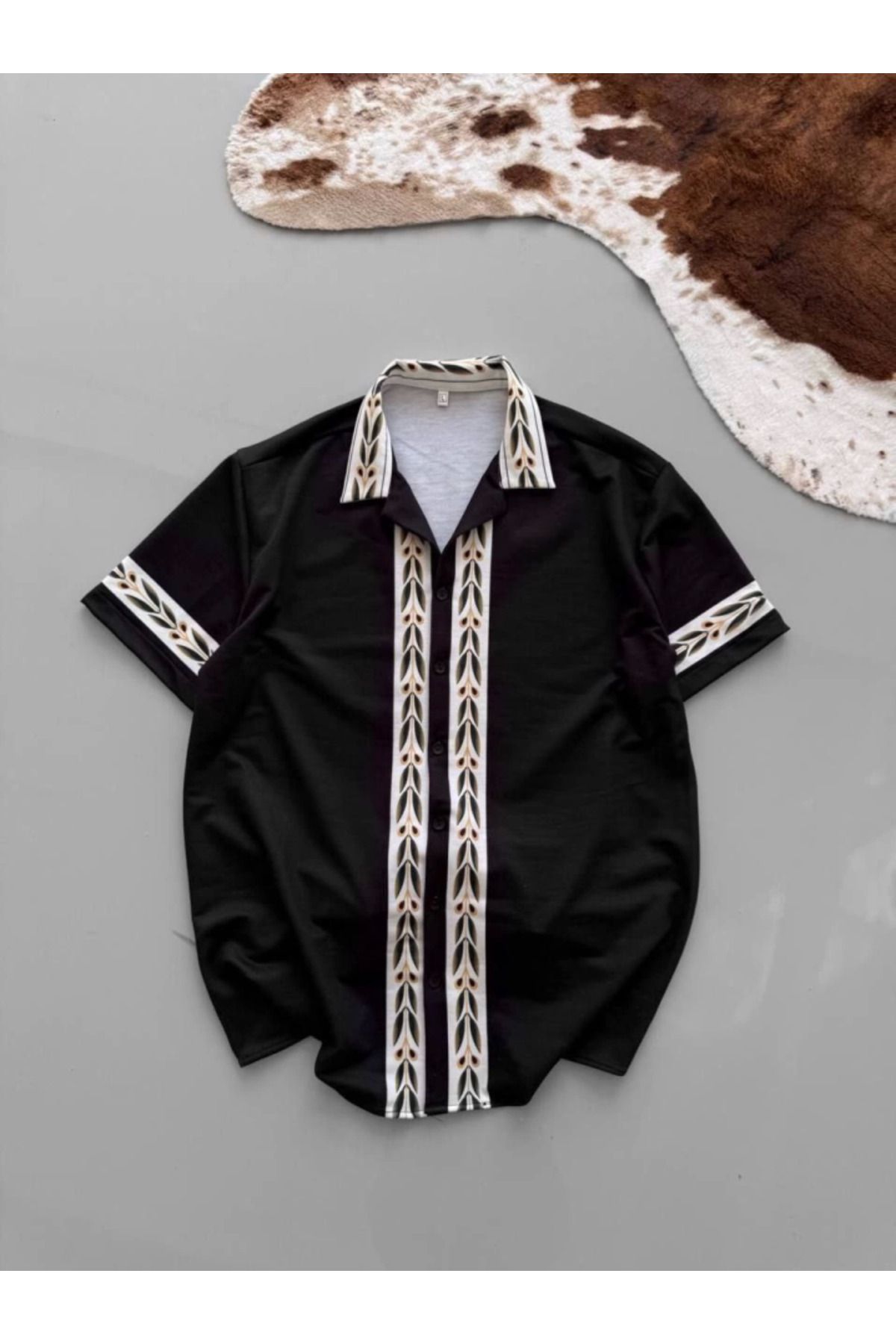 ARUZ MODA İki İplik Kumaş Baskılı Gömlek - Siyah
