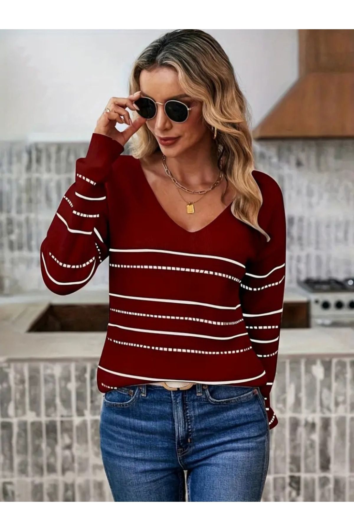 ARUZ MODA Kadın Uzun Kollu Derin V Yakalı çizgi Desenli Triko Bluz