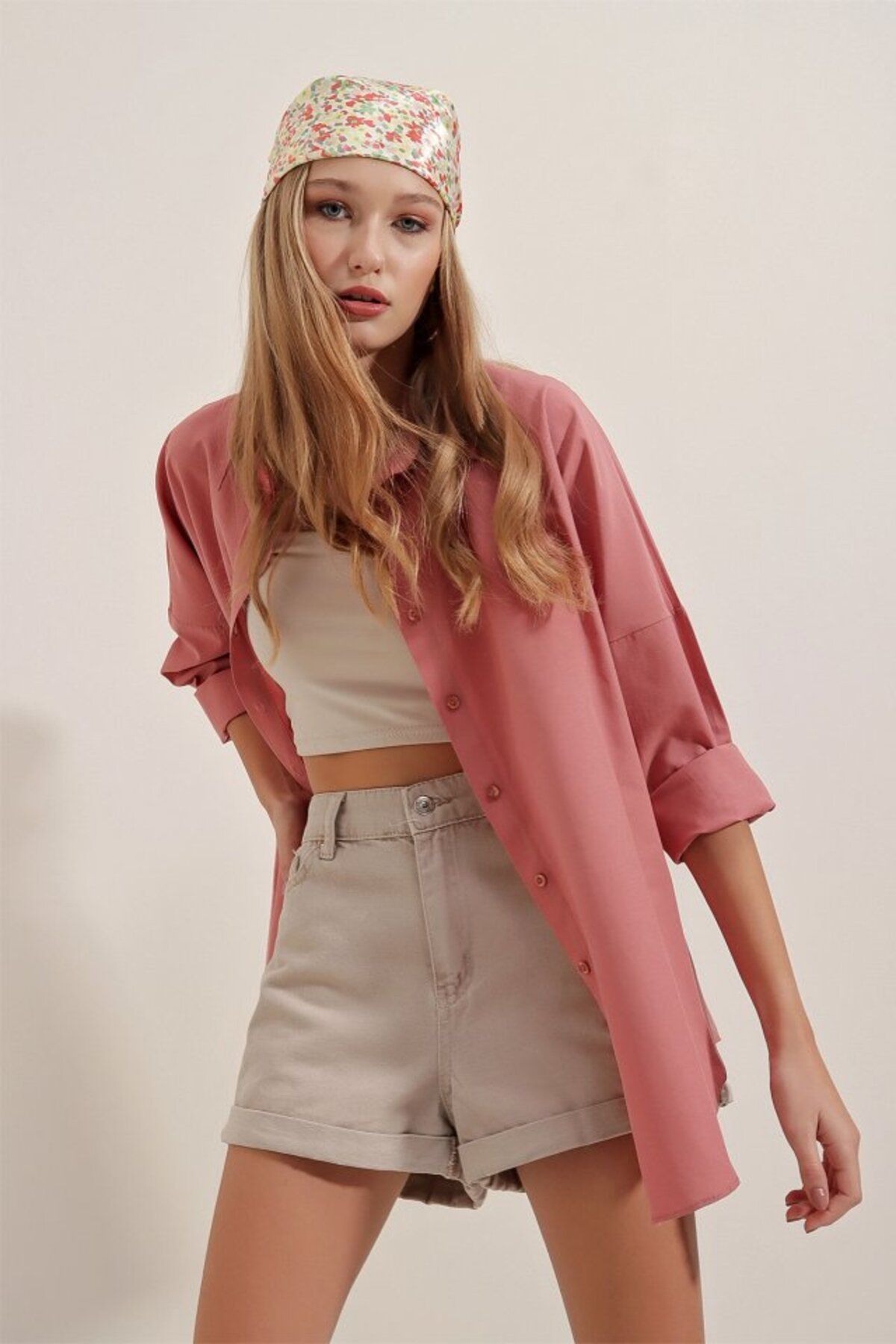 ARUZ MODA 3900 Oversize Uzun Basic Gömlek - Gül Kurusu