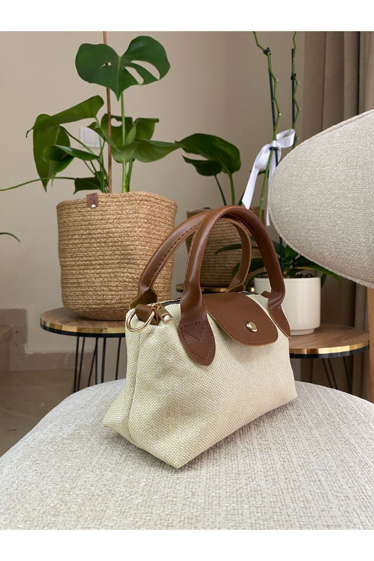 Z&M COLLECTION BAG SHOPPİNG Kadın Kanvas El ve Omuz Çantası | Taba Detaylı Küçük Boy Şık Model