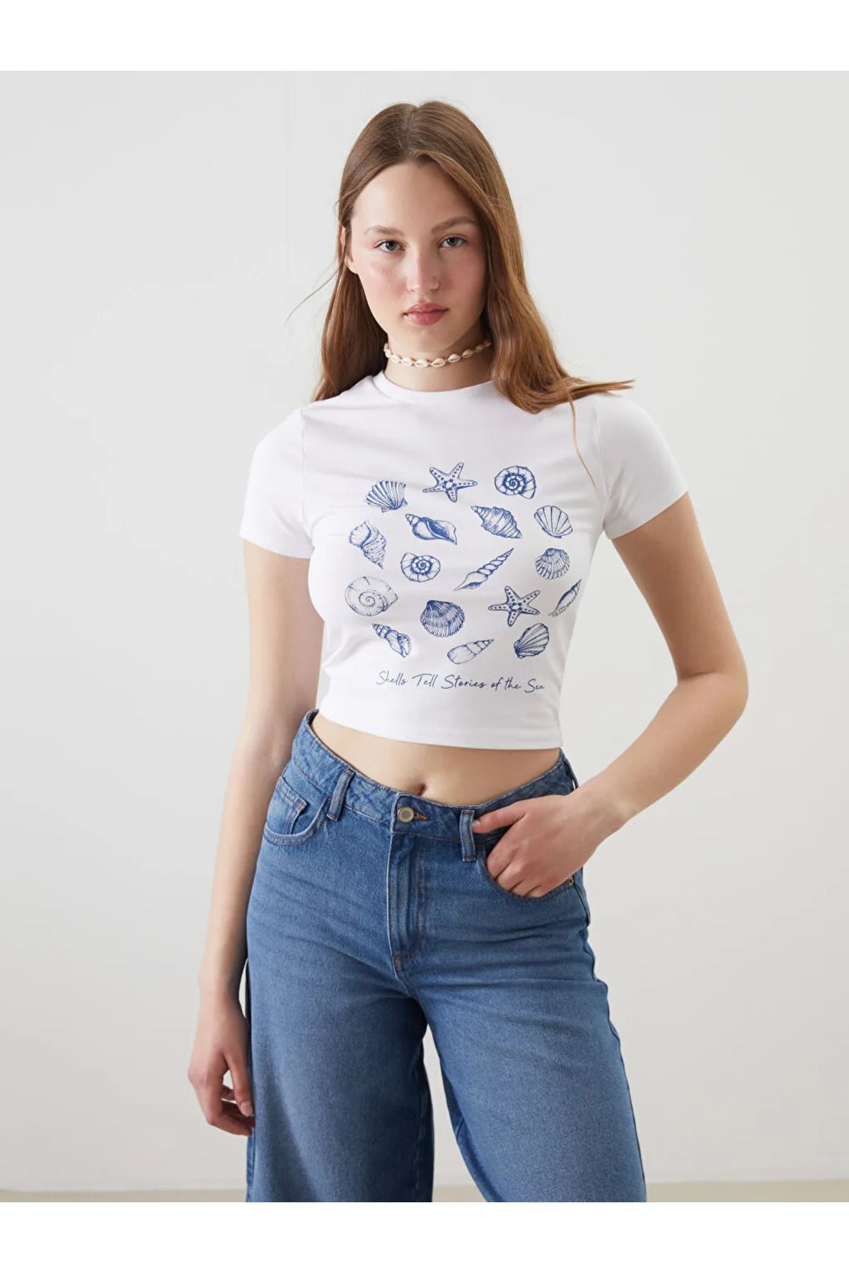 LC Waikiki XSIDE Beyaz Bisiklet Yaka Baskılı Kadın Crop