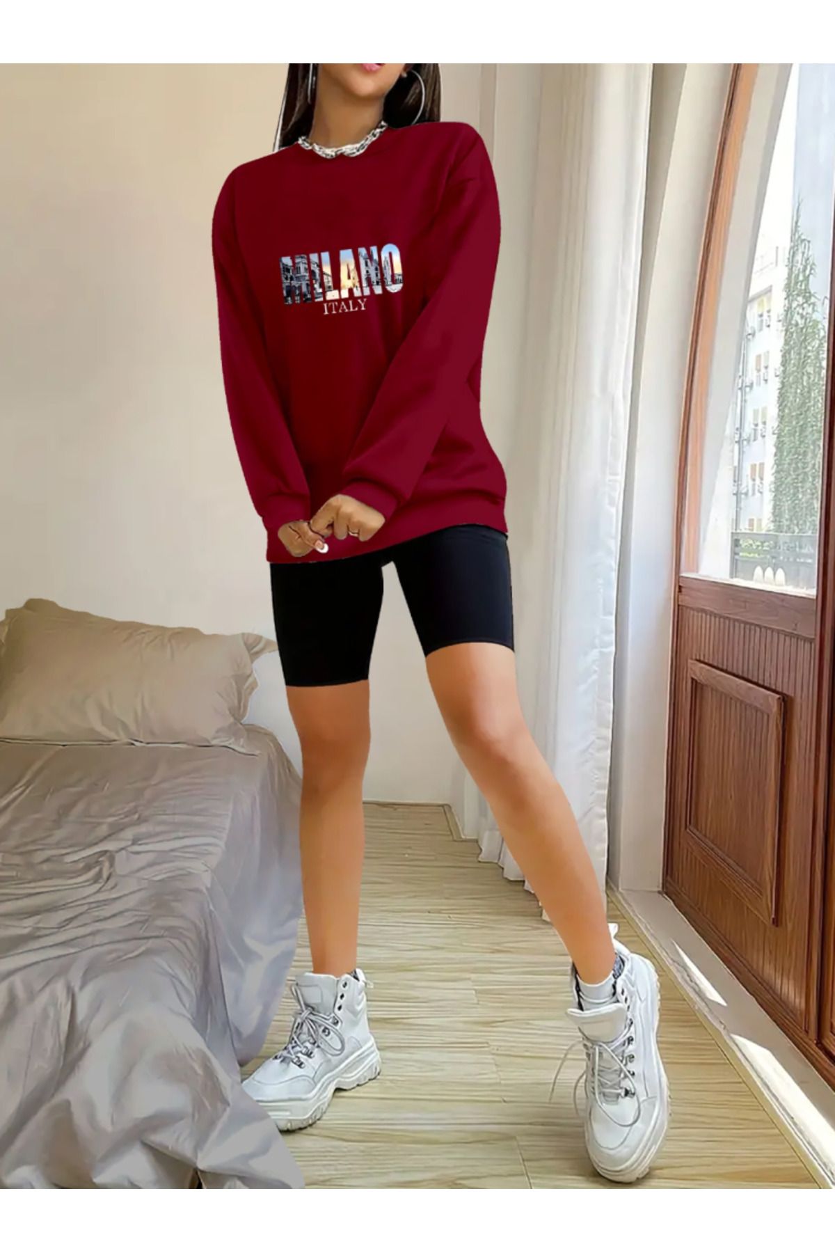 ARUZ MODA Kadın Uzun Kollu Bisiklet Yaka Desenli Viskon Iki Iplik Bluz