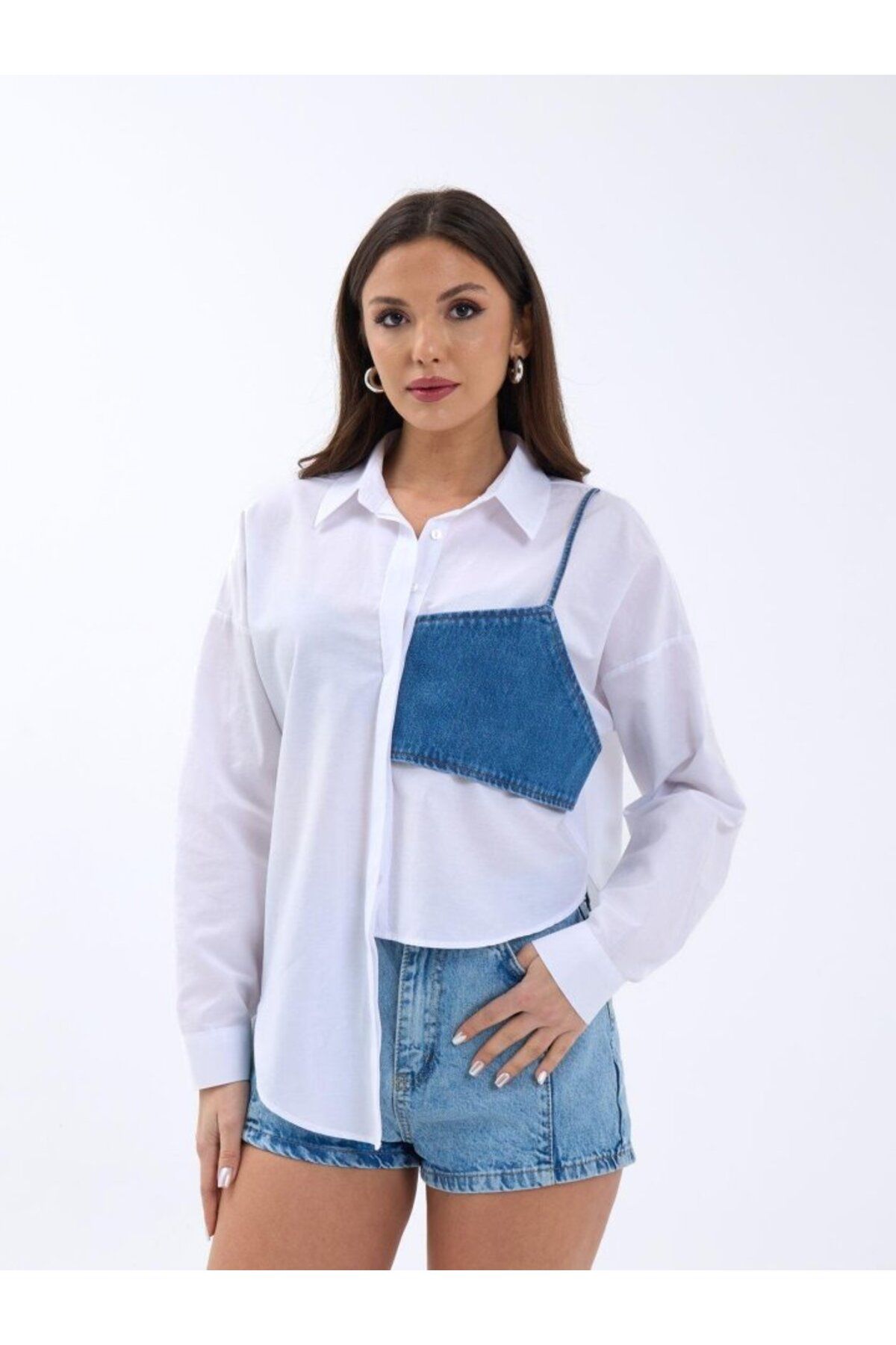 ARUZ MODA 5419 GÖMLEK-MAVİ CEPLİ BEYAZ