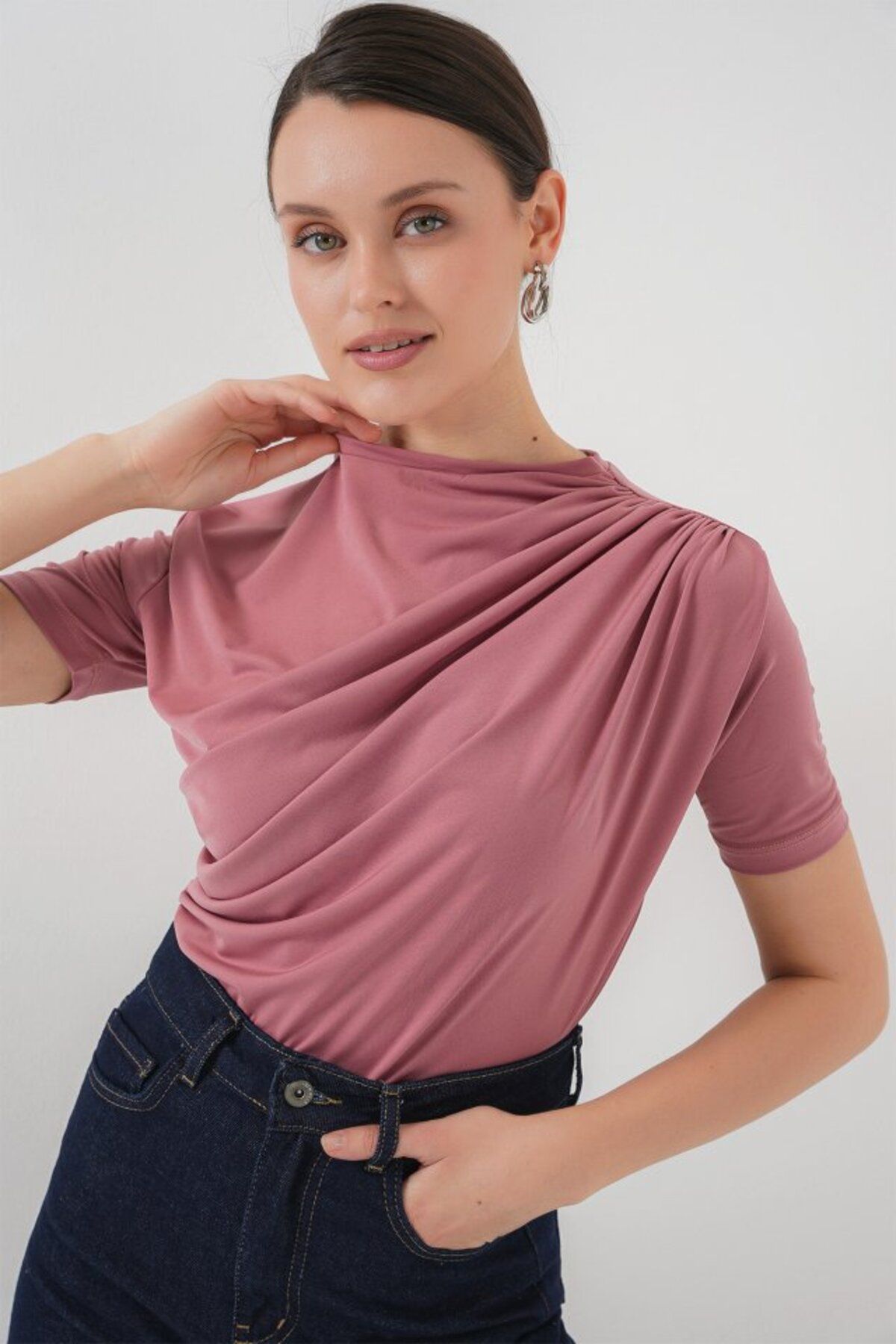 ARUZ MODA Büzgü Detaylı Kısa Kol Sandy Bluz 945 - Gül Kurusu