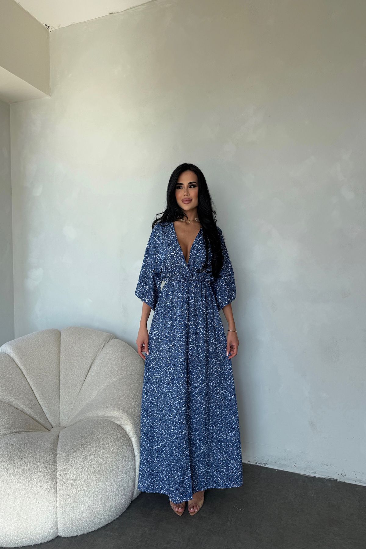 kamacibutik Kruvaze Yaka Viskon Kumaş Çiçek Desenli Elbise
