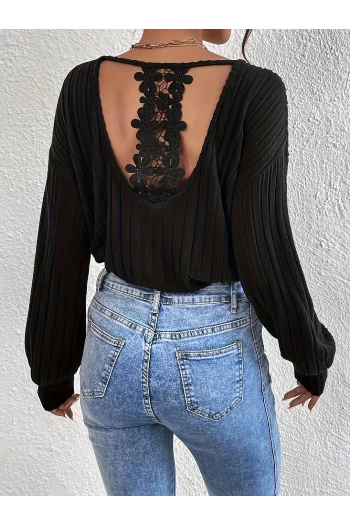 ARUZ MODA Kadın Uzun Kollu V Yakalı Pencere Sırt Dantel Detaylı Kalın Fitilli Kaşkorse Bluz