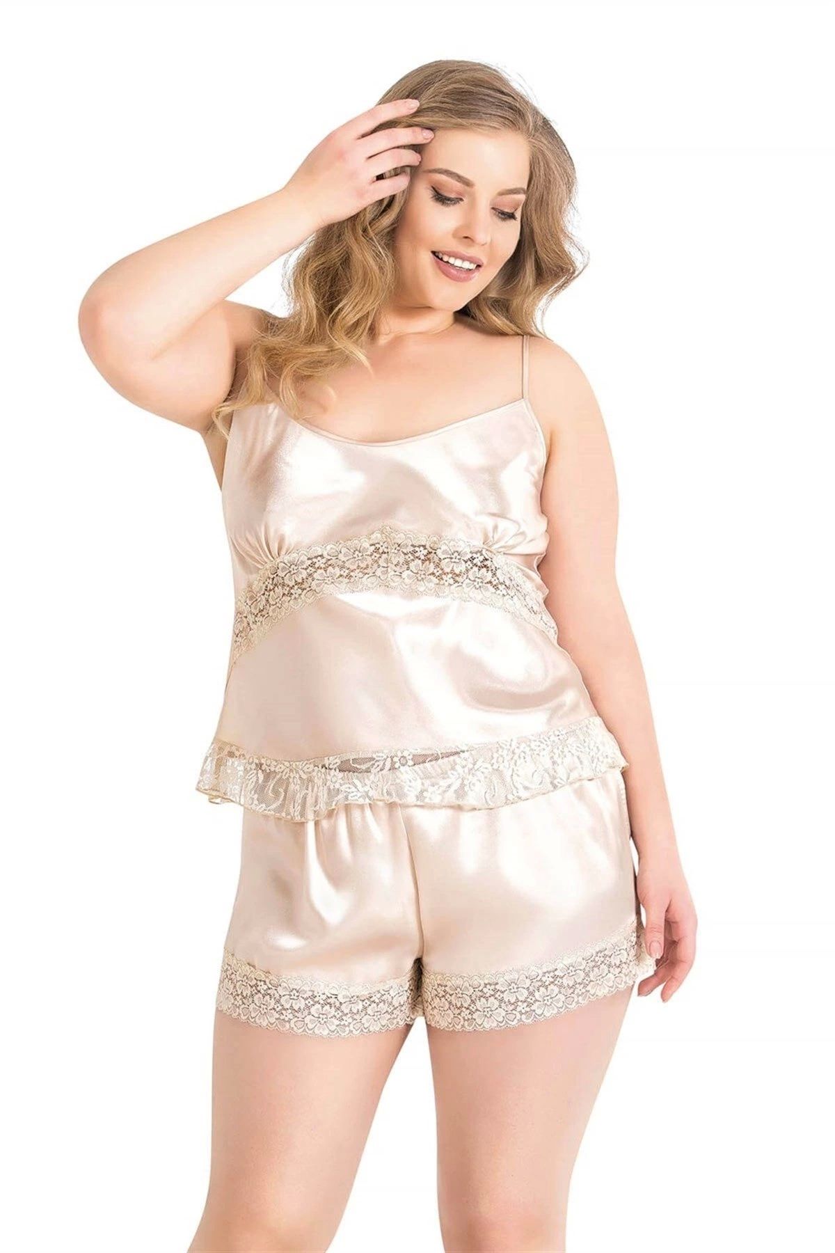 sepya Büyük Beden Fildişi Saten Babydoll Şort Takımı