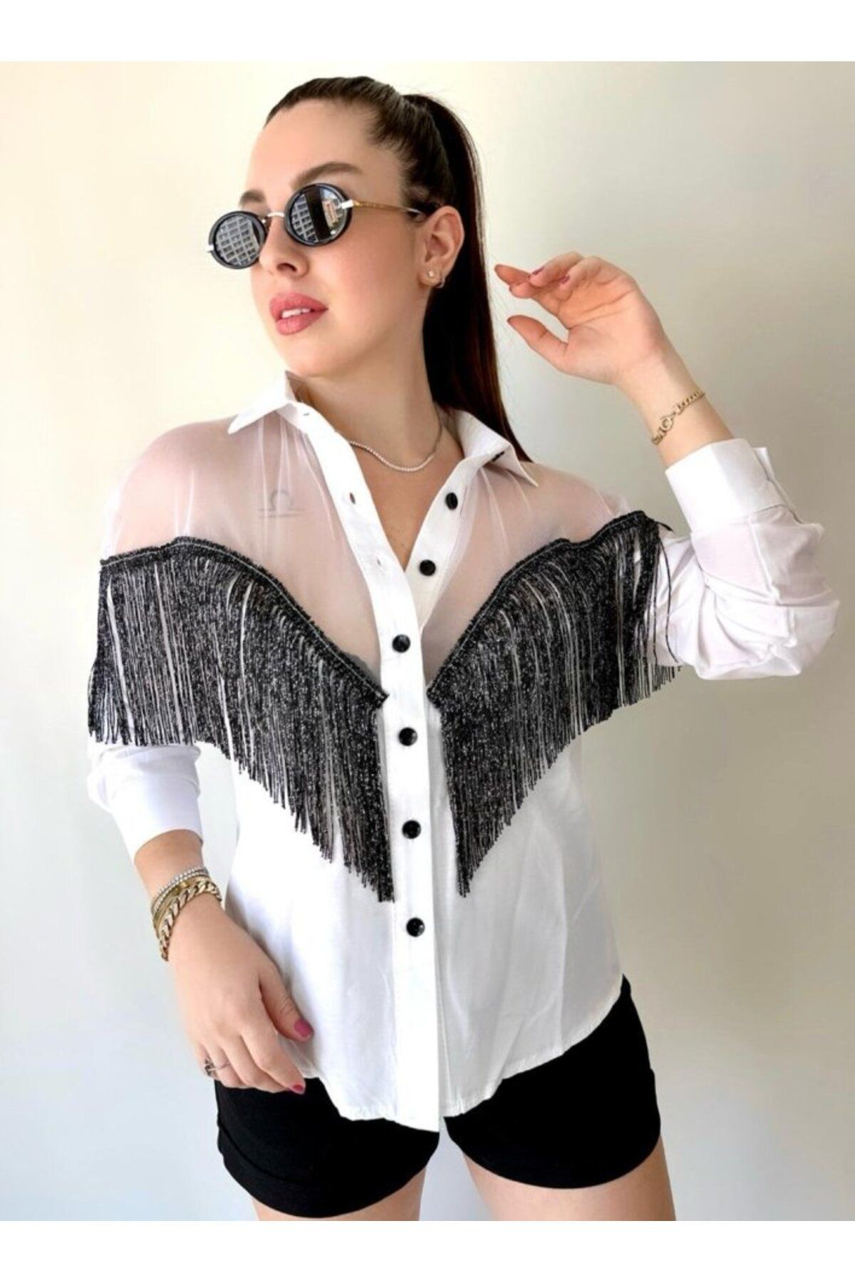 ARUZ MODA Kadın Püskül Detay Poplin Gömlek Bluz Fırsat Ürün