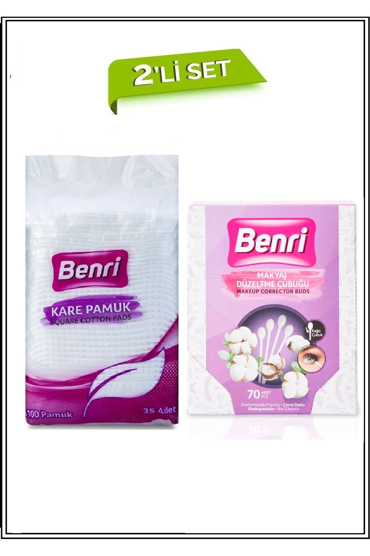Benri %100 Kare Pamuk + Makyaj Temizleme Çubuğu - Toplam 2 Adet Mega Makyaj Seti