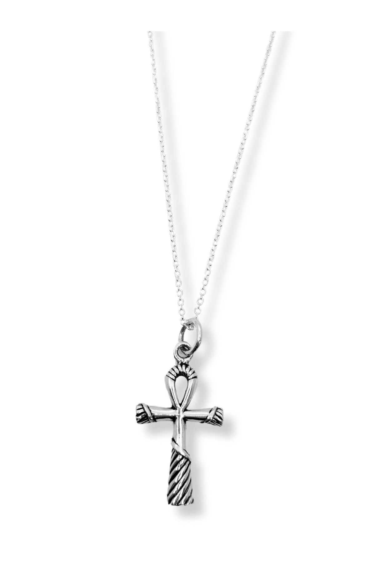 oya silver Örgü Detaylı Gümüş Ankh Kolye- Mısır Yaşam Sembolü 2x3.5cm