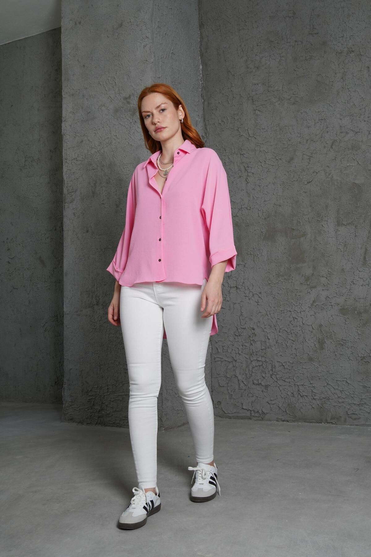 ARUZ MODA Kol Katlama Detaylı Pembe Gömlek