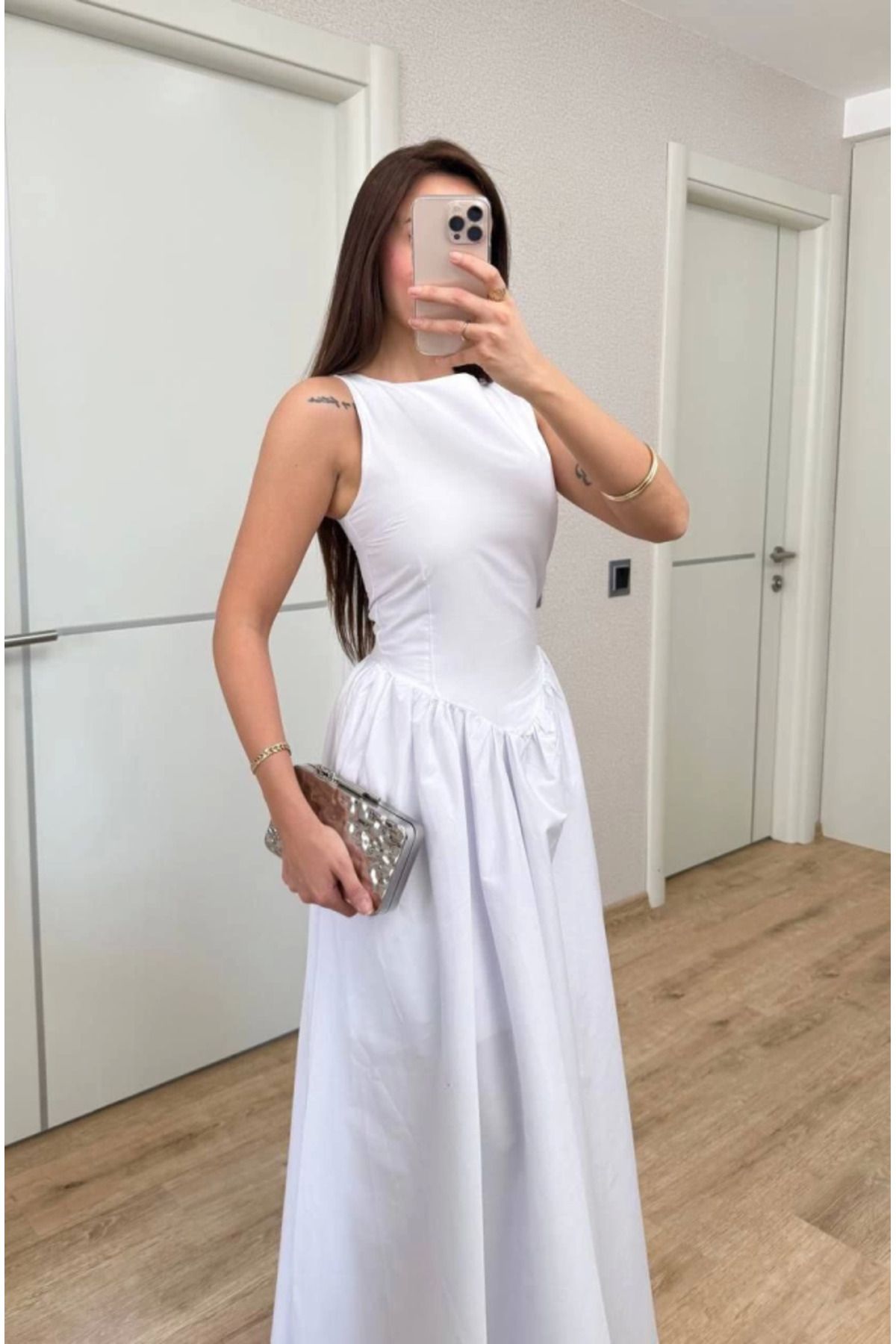 ARUZ MODA Sifir Kol Beli Oturtmalı Kolsuz Uzun Elbise - Beyaz