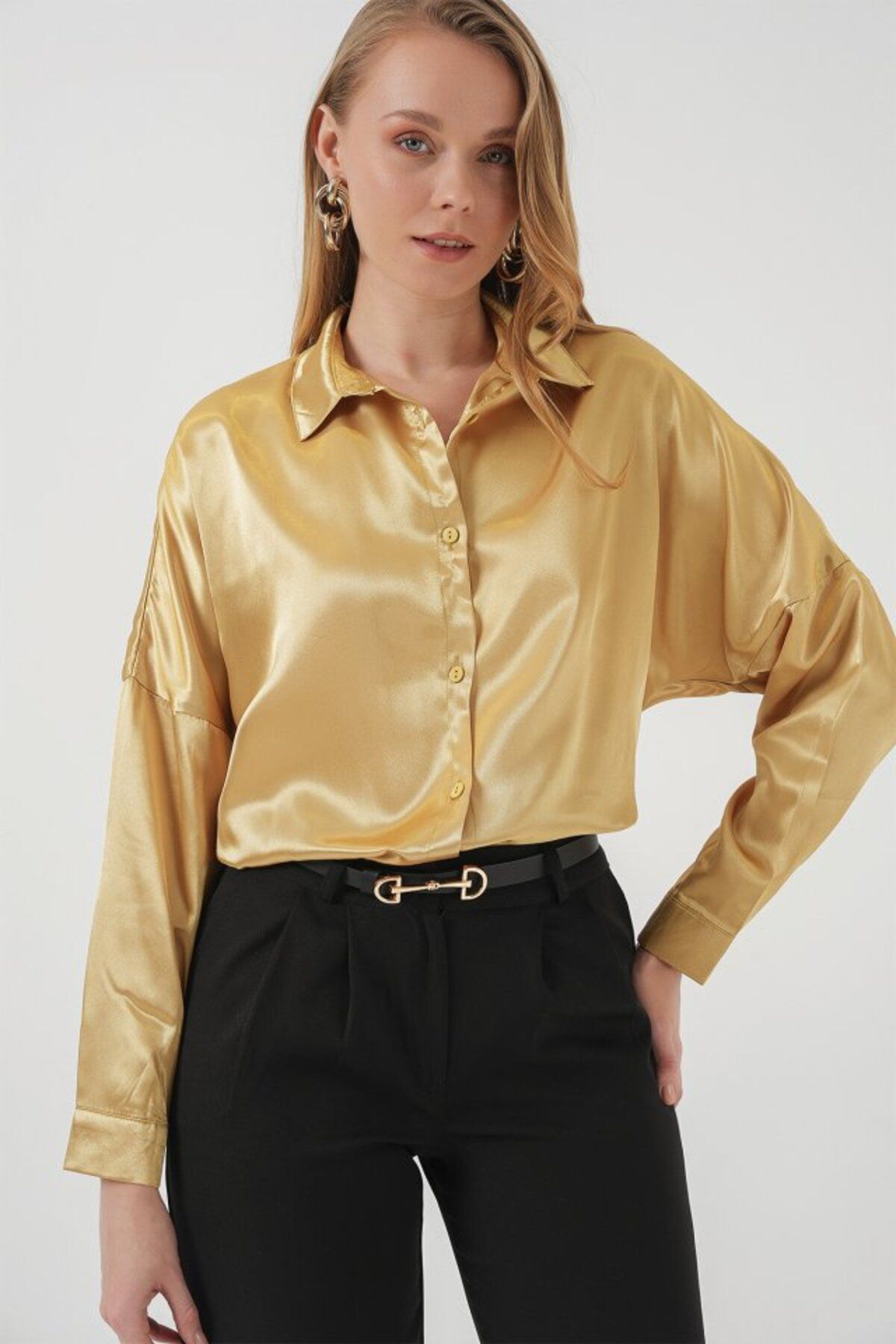 ARUZ MODA 3985 Oversize Saten Gömlek - Altın Sarısı