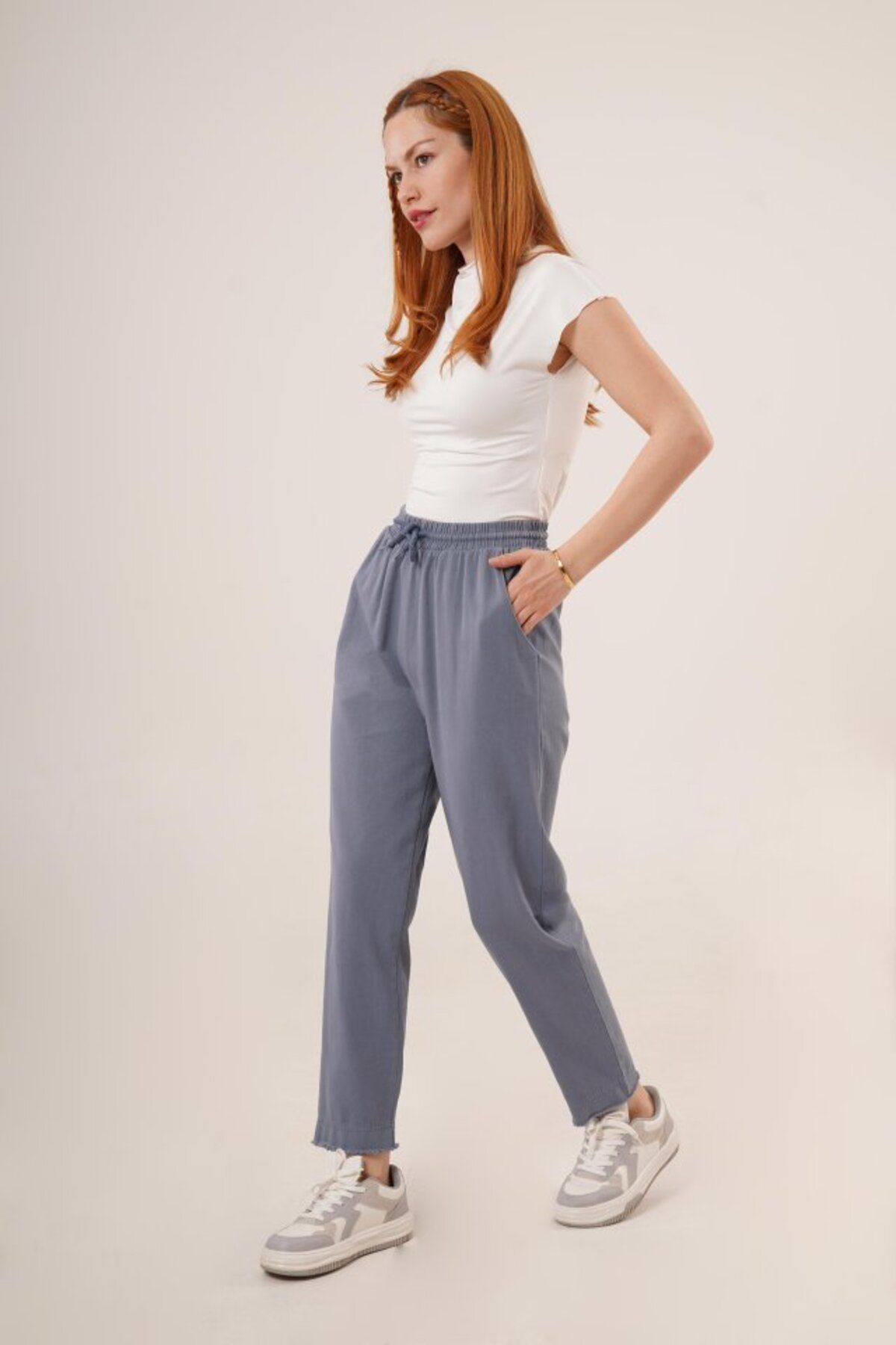 ARUZ MODA Cepli Belden Bağlamalı Paça Detaylı İndigo Pantolon