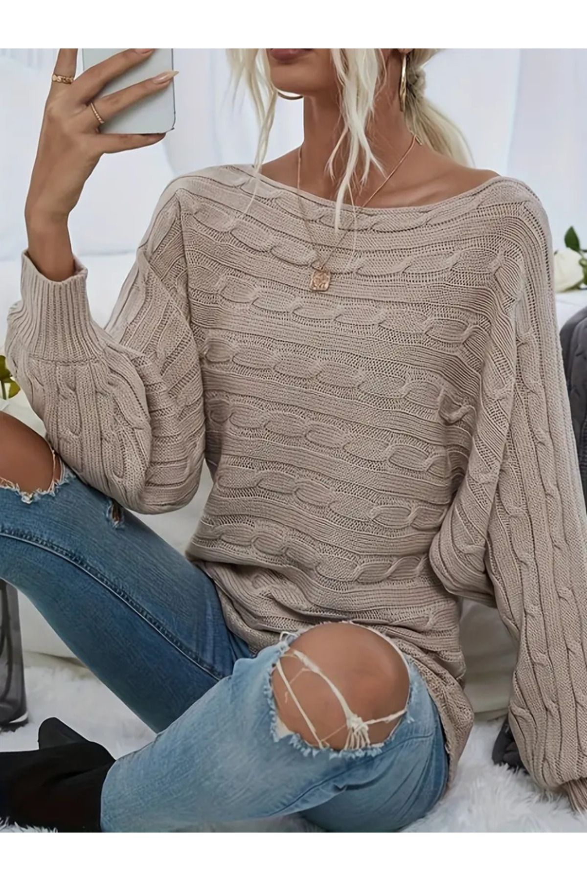 ARUZ MODA Kadın Uzun Kollu Yakası Açık Saç örgü Desenli Triko Bluz