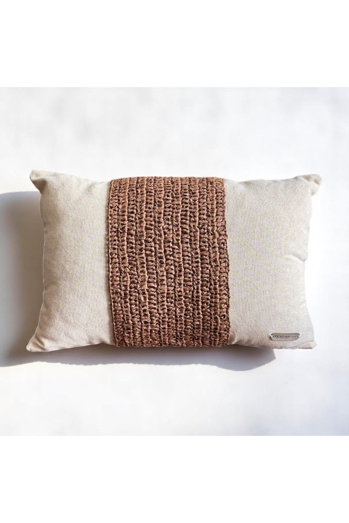 Doryan Home Romance - Doğal Keten Rafya Dokunuşlu Dikdörtgen Kırlent Kılıfı - 50x35cm Sütlü Kahve Tarçın Krem