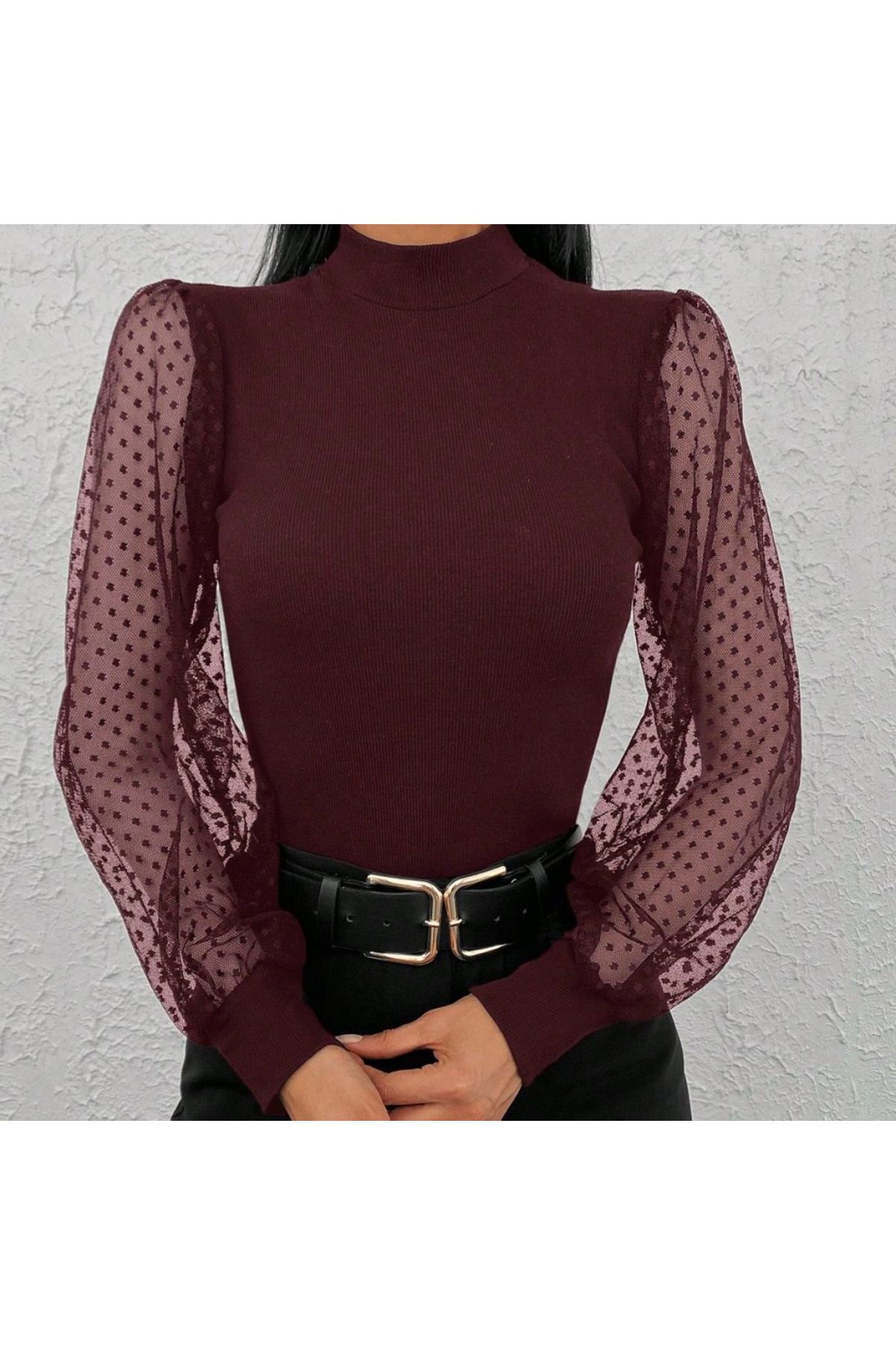 ARUZ MODA Kadın Uzun Kollu Tül Detaylı Yarım Balıkçı Yaka Kaşkorse Bluz