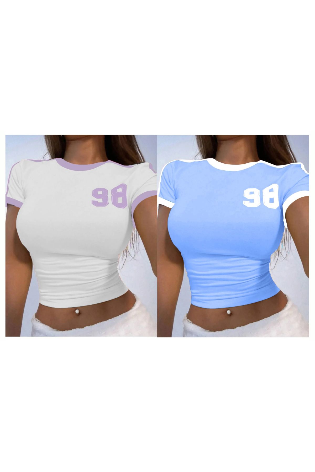 Machetta Kadın 98 Baskılı Askılı Crop Bluz 2'li Set