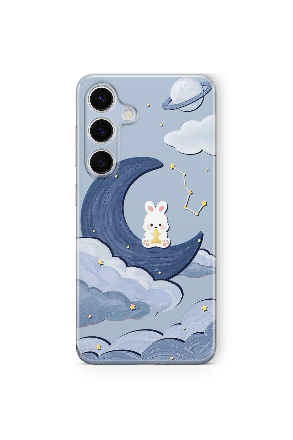 Space Star Samsung Galaxy A14 Uyumlu Ay ve Tavşan Tasarım Baskılı Şeffaf Kılıf