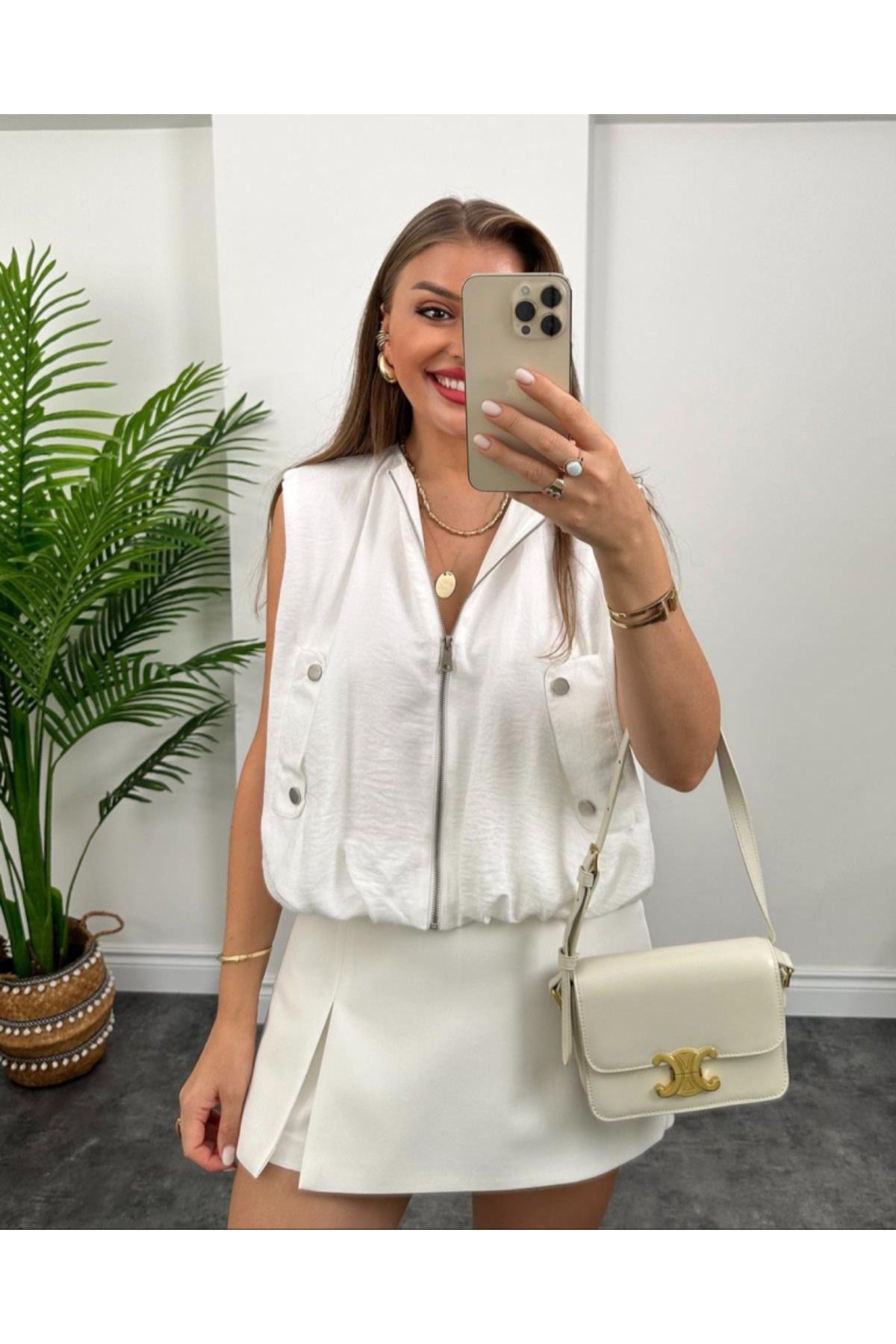 ARUZ MODA Kadın Cep Detay Dökümlü Keten Yelek