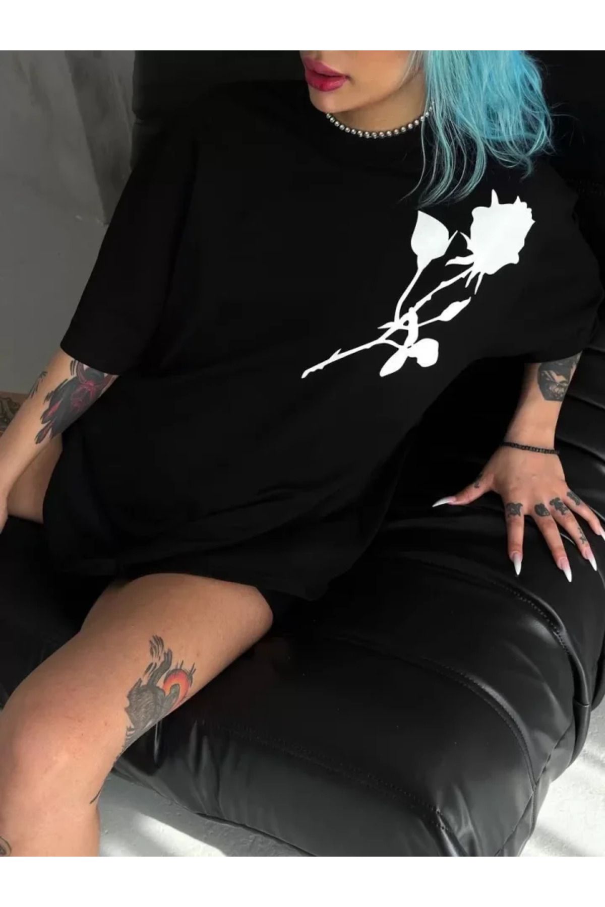 ARUZ MODA Unisex Bisiklet Yaka Baskılı Oversize T-Shirt - Siyah