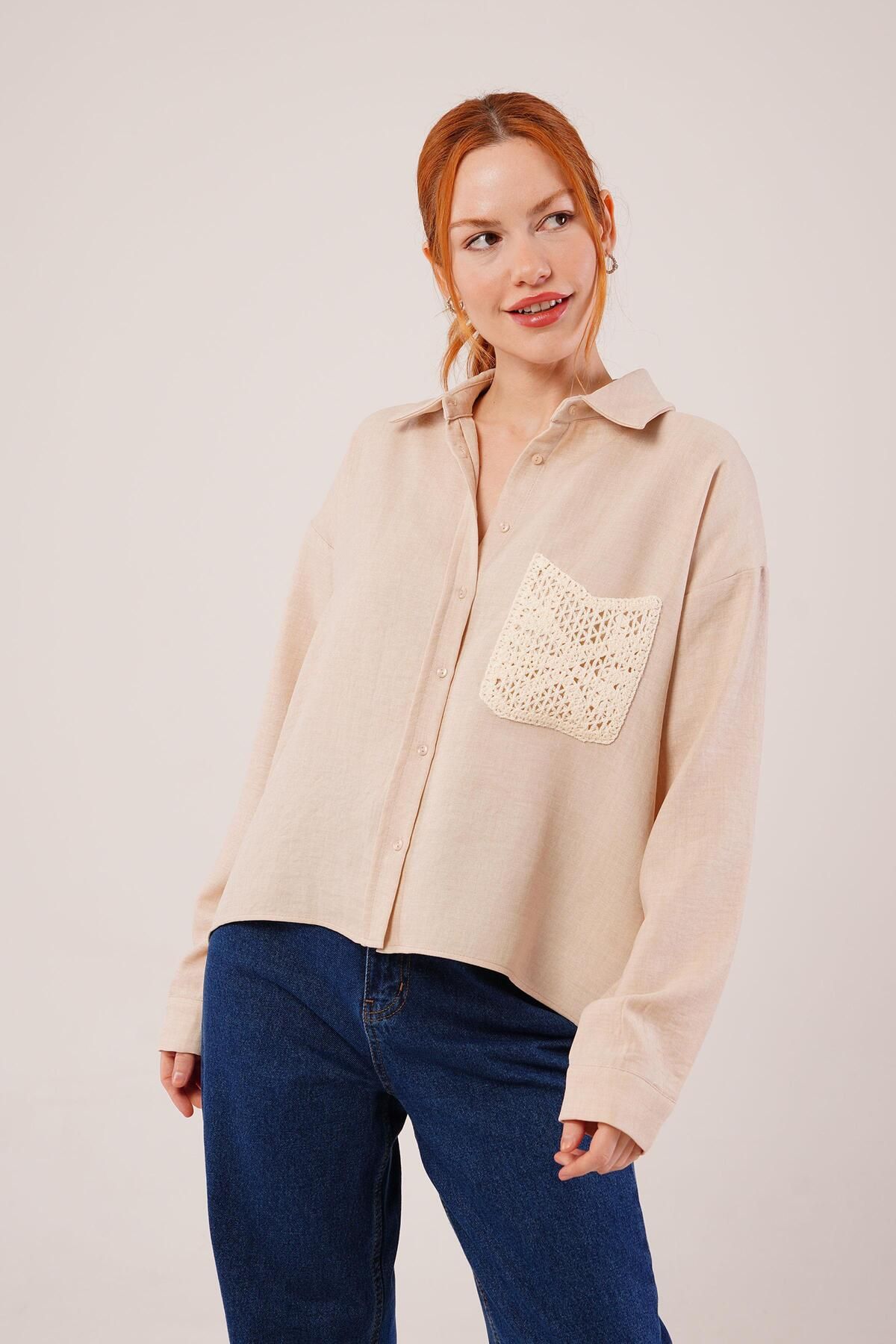 ARUZ MODA Etnik Cep Detaylı Bej Gömlek