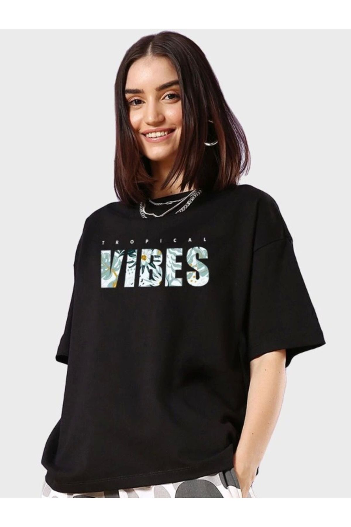ARUZ MODA Baskılı Oversize T-shirt - Siyah