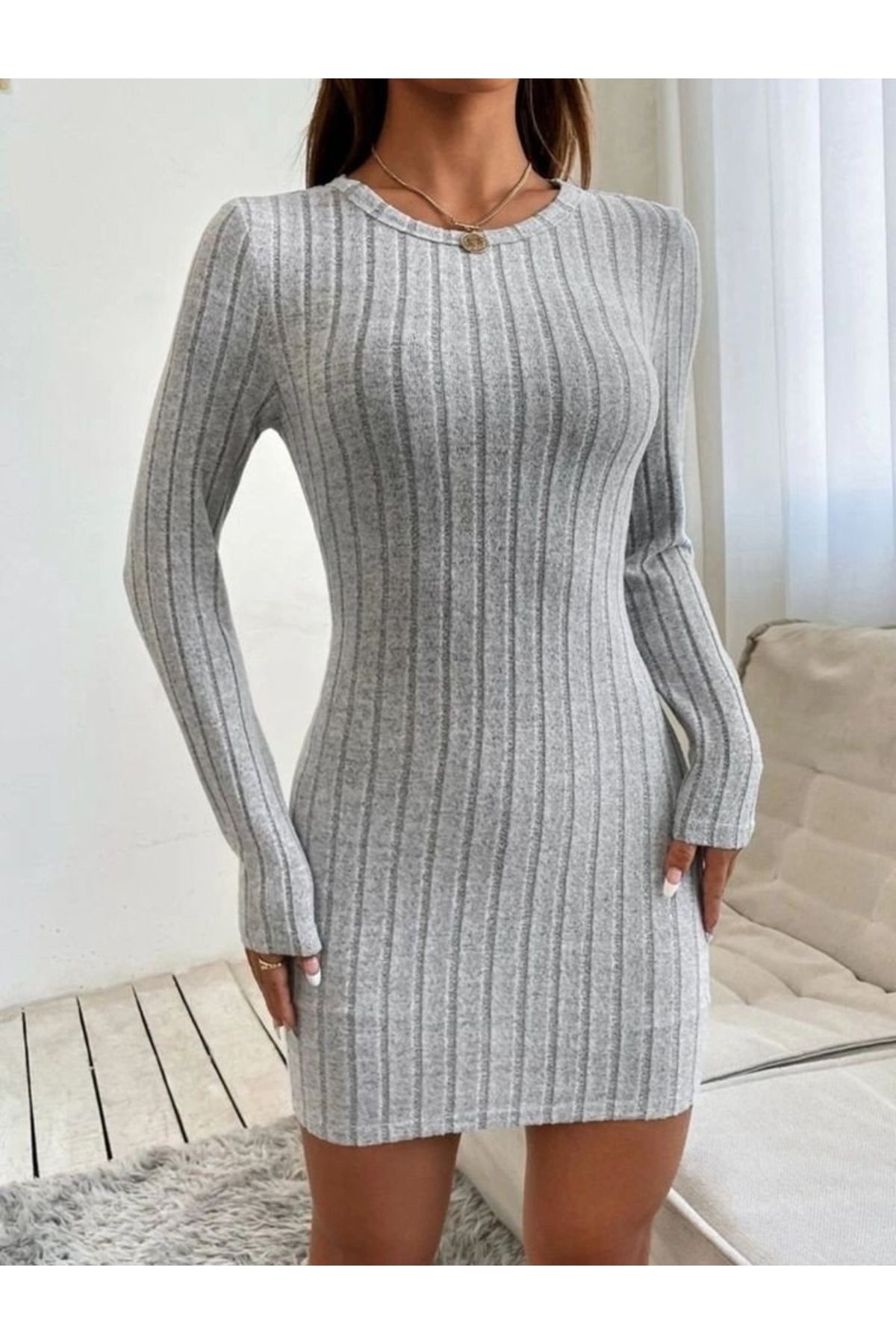 ARUZ MODA Kadın Uzun Kollu Bisiklet Yaka şardonlu Kalın Fitilli Kaşkorse Mini Boy Elbise