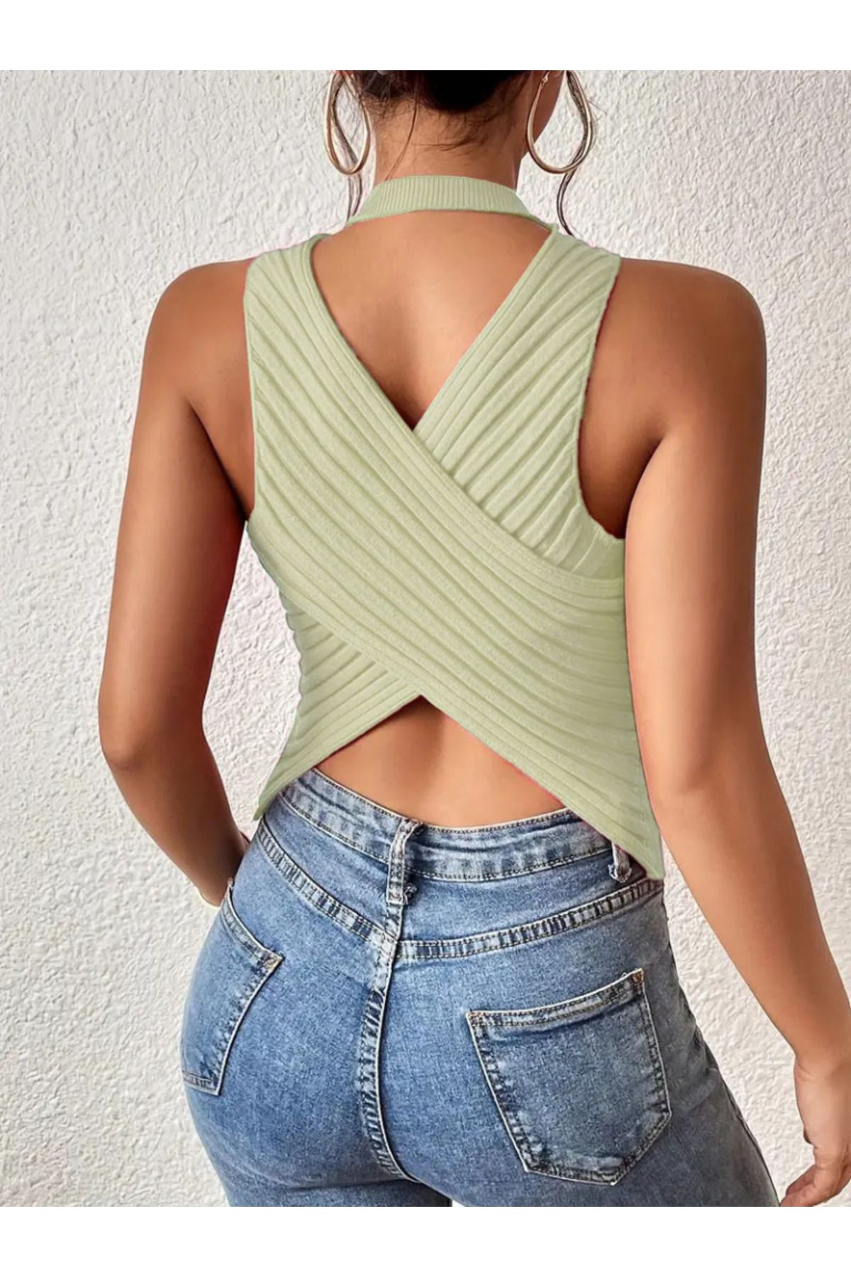 ARUZ MODA Kadın Kolsuz Sırt çapraz Detay Triko Bluz