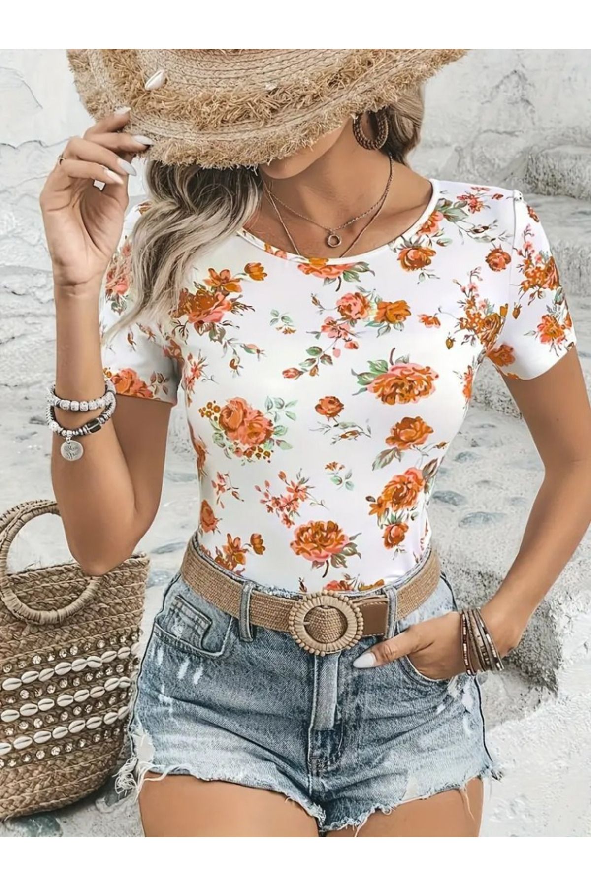 ARUZ MODA Kadın Kısa Kollu Bisiklet Yaka çiçek Baskılı Süprem Bluz