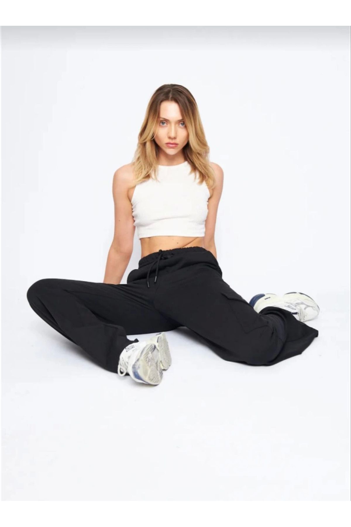 ARUZ MODA Kargo Cepli Palazzo Oversize Kesim İki Iplik Bol Paça Eşofman Altı Pantalon - Siyah