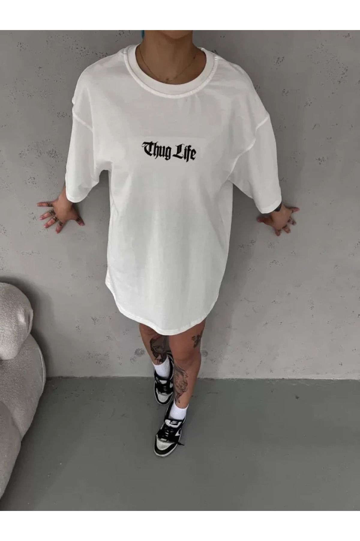 ARUZ MODA Unisex Bisiklet Yaka Baskılı Oversize T-Shirt - Beyaz