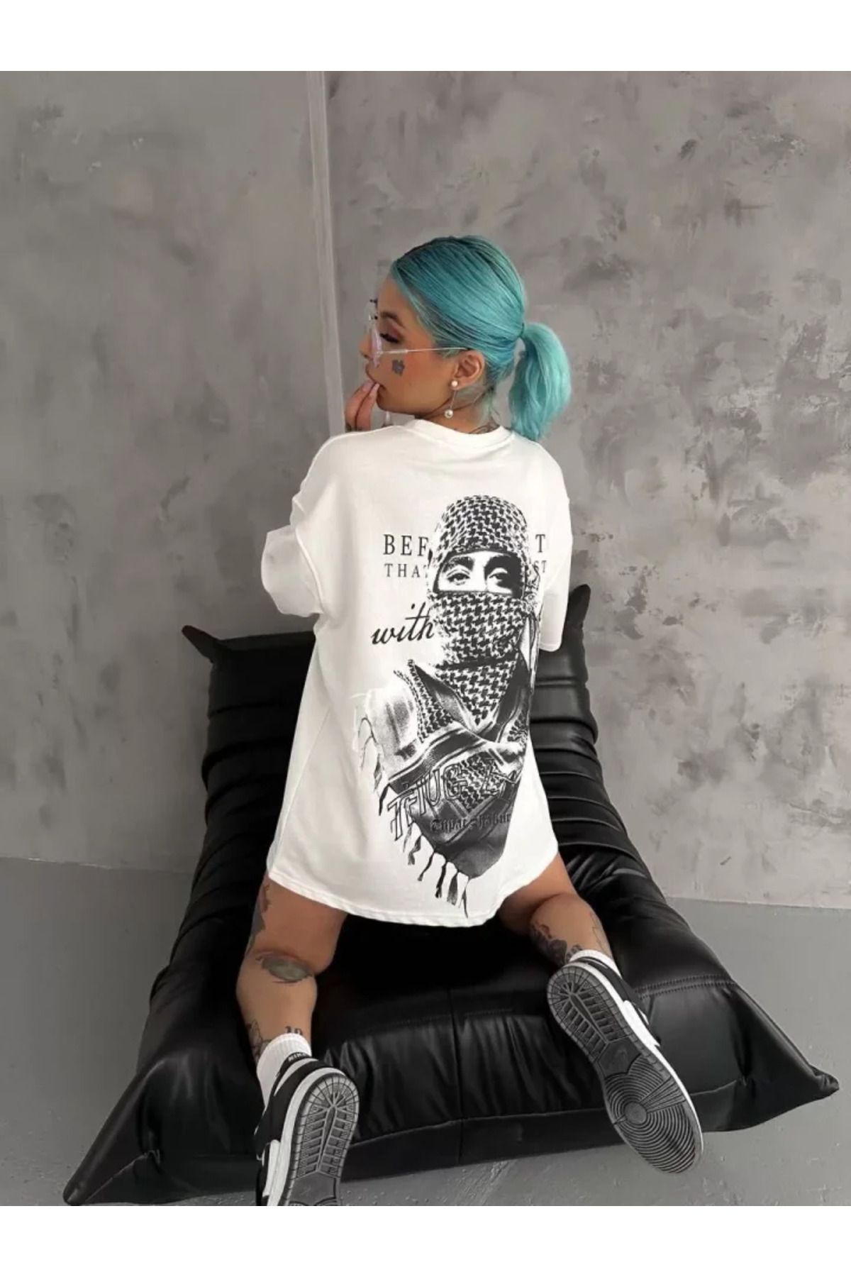 ARUZ MODA Unisex Baskılı Oversize T-Shirt - Beyaz