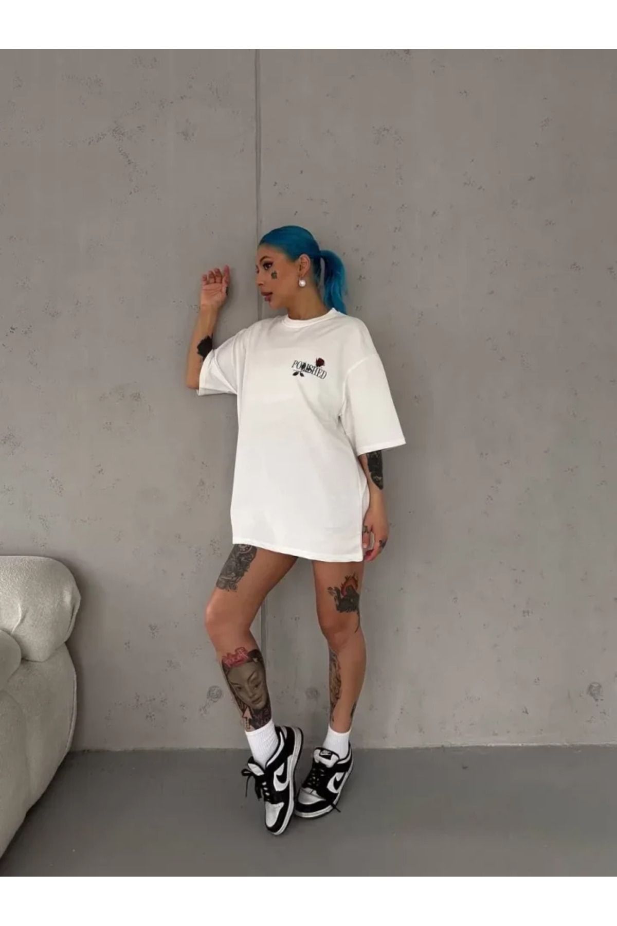 ARUZ MODA Unisex Bisiklet Yaka Baskılı Oversize T-Shirt - Beyaz