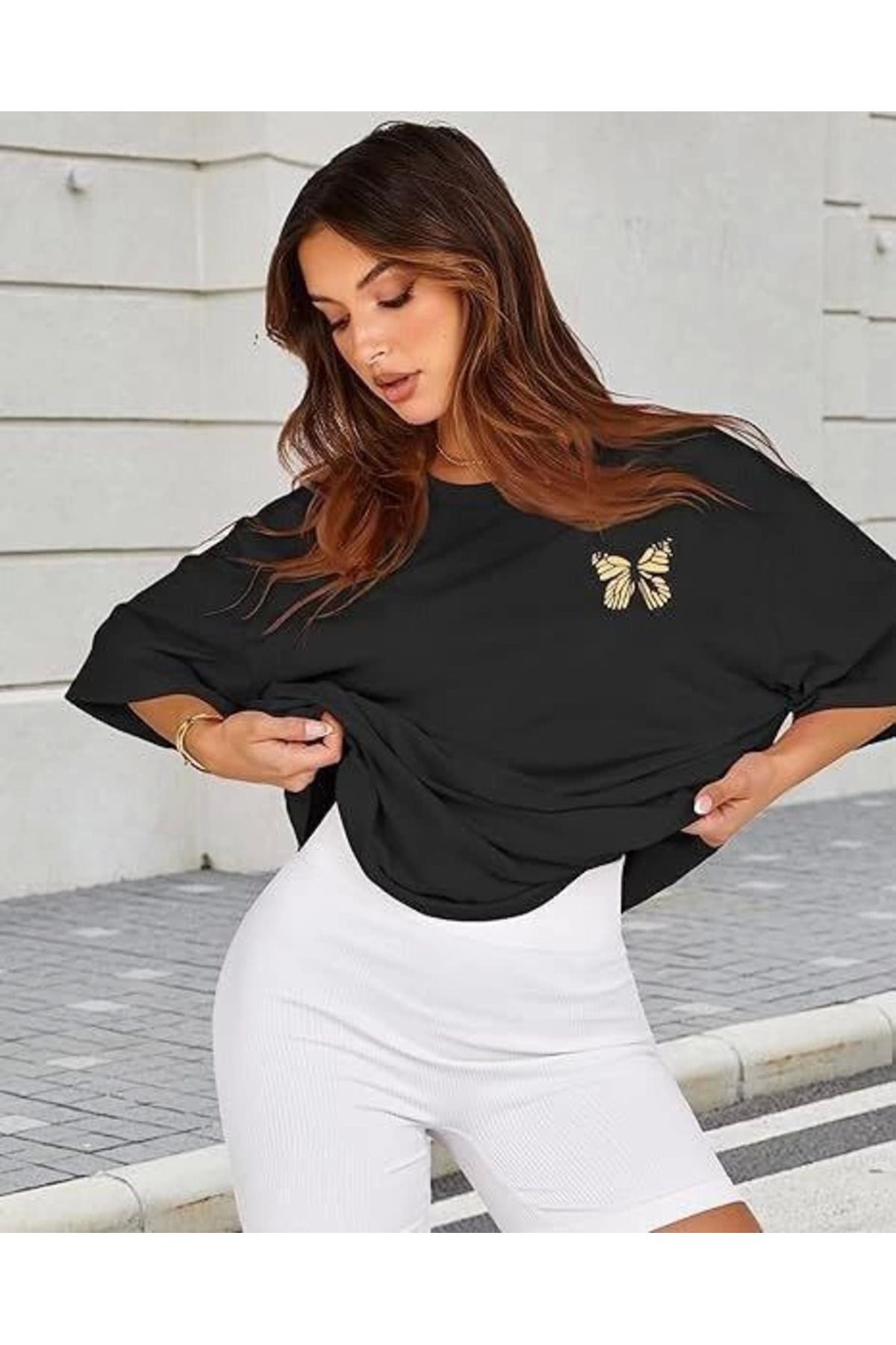 ARUZ MODA Bisiklet Yaka Baskılı T-shirt - Siyah