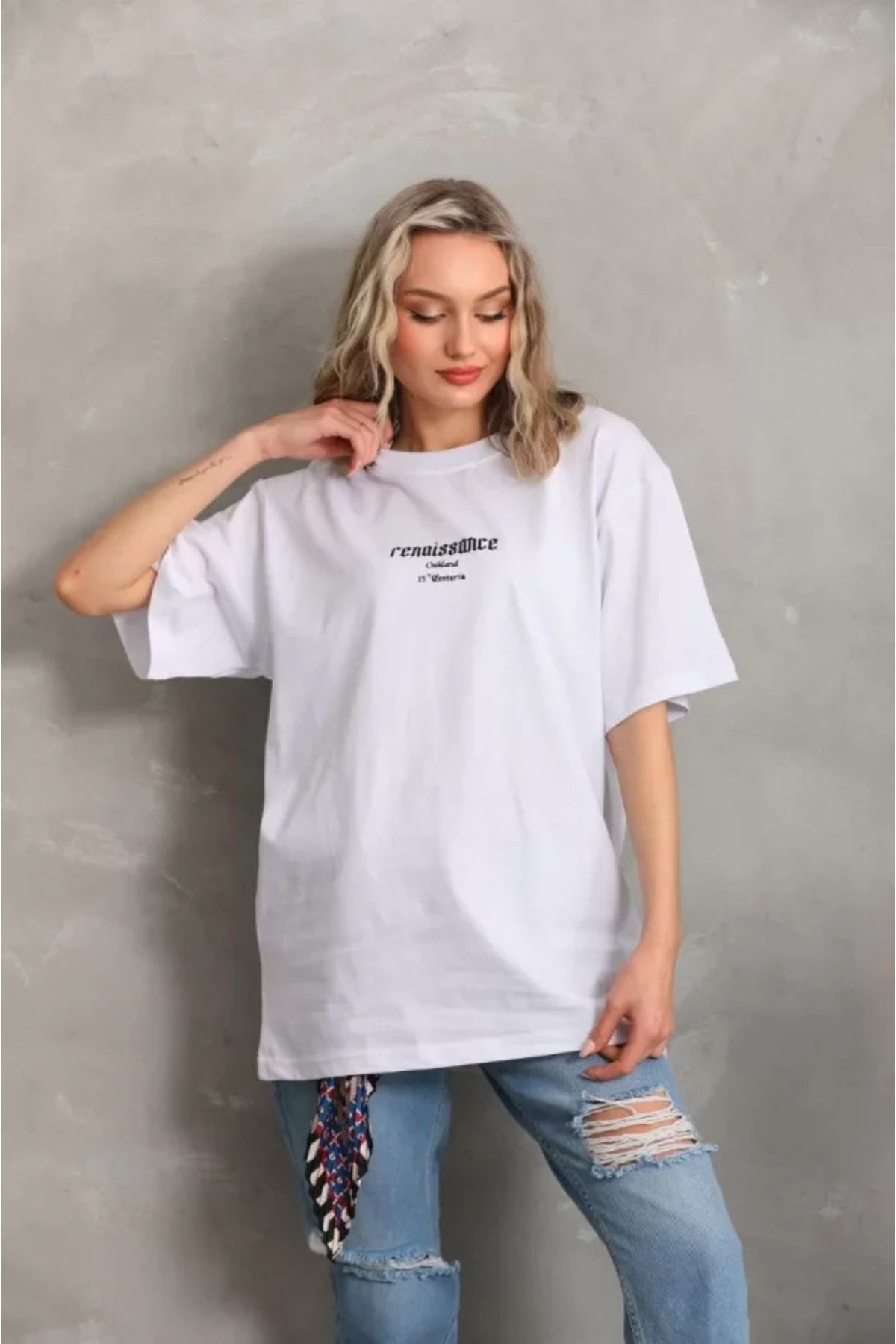 ARUZ MODA Unisex Baskılı Oversize T-Shirt - Beyaz